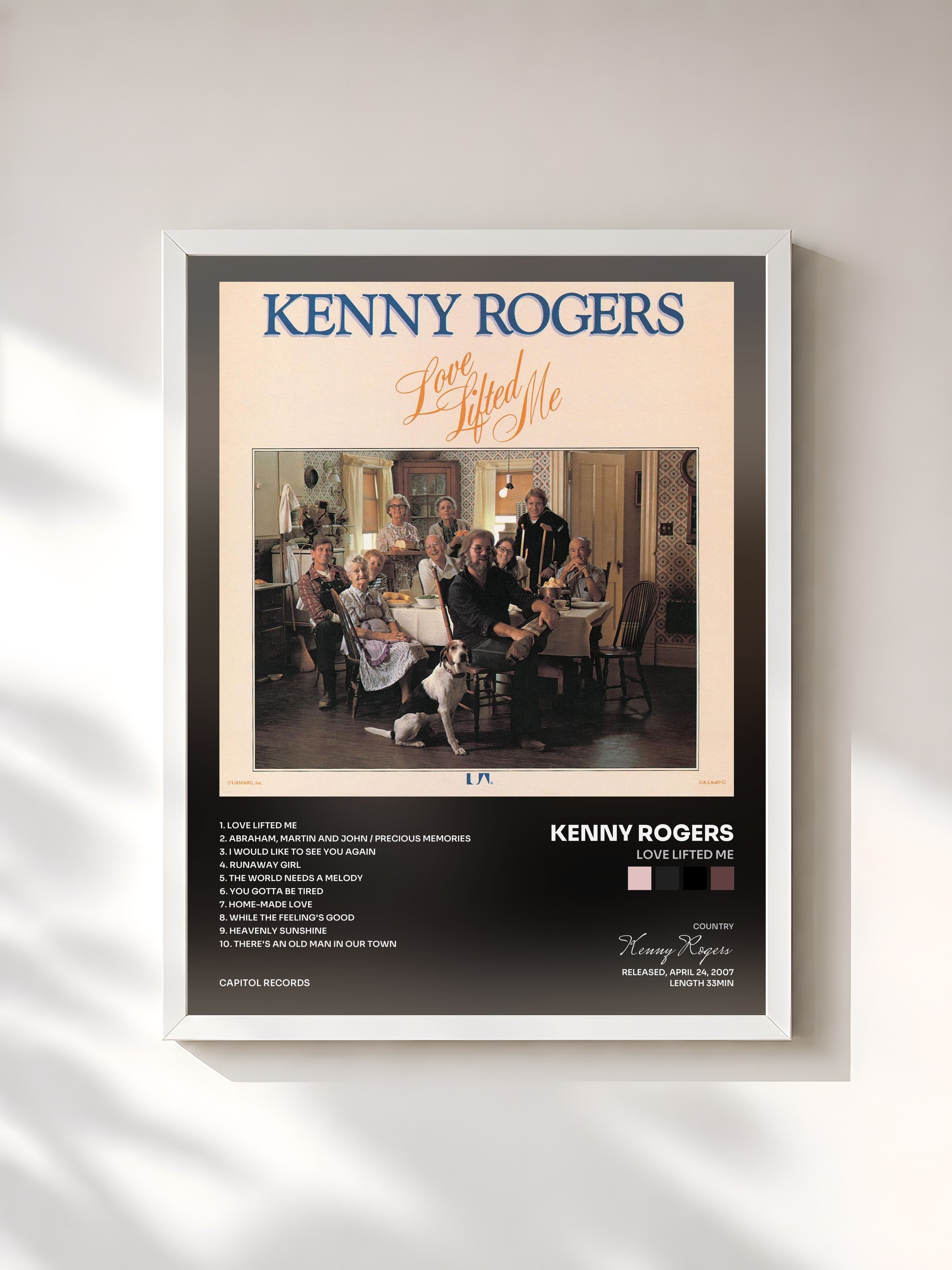 #blanc Tableau de l'album Love Lifted Me de Kenny Rogers, cadre blanc, imprimé et encadré en France