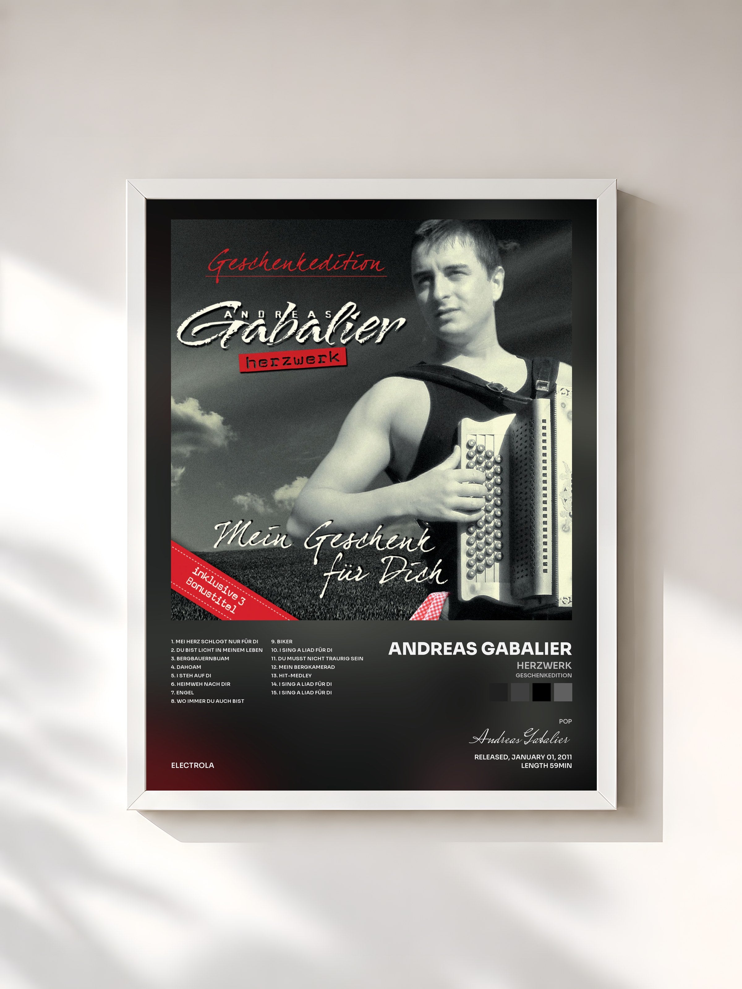 #blanc Tableau de l'album Herzwerk (Geschenkedition) de Andreas Gabalier, cadre blanc, imprimé et encadré en France