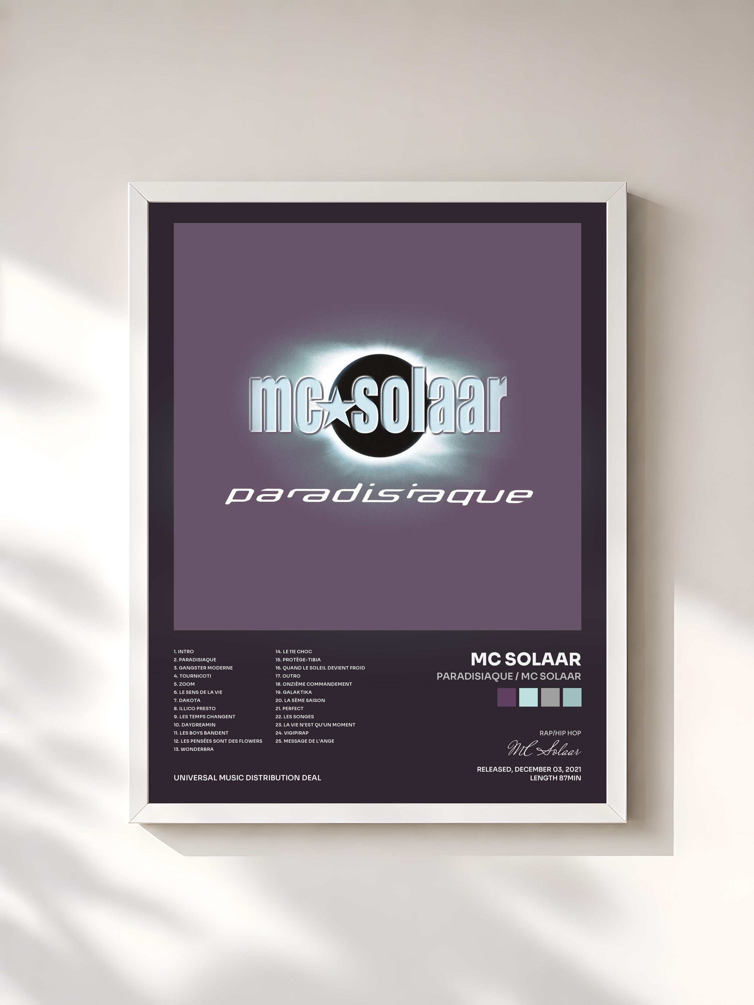 #blanc Tableau de l'album Paradisiaque / Mc Solaar de MC Solaar, cadre blanc, imprimé et encadré en France