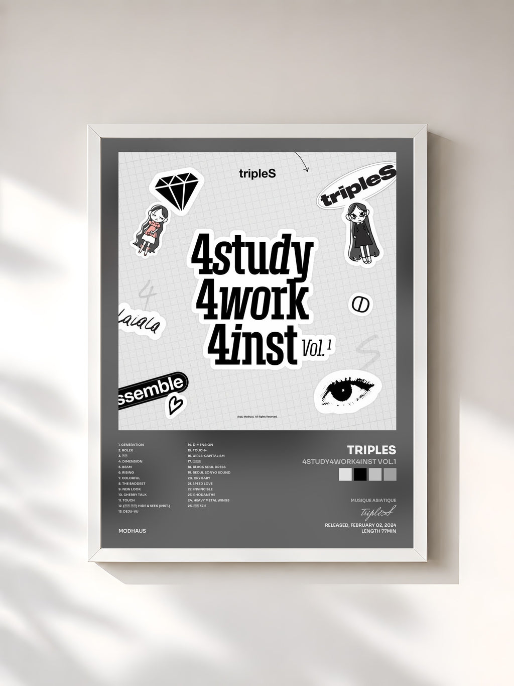#blanc Tableau de l'album 4study4work4inst Vol.1 de tripleS, cadre blanc, imprimé et encadré en France