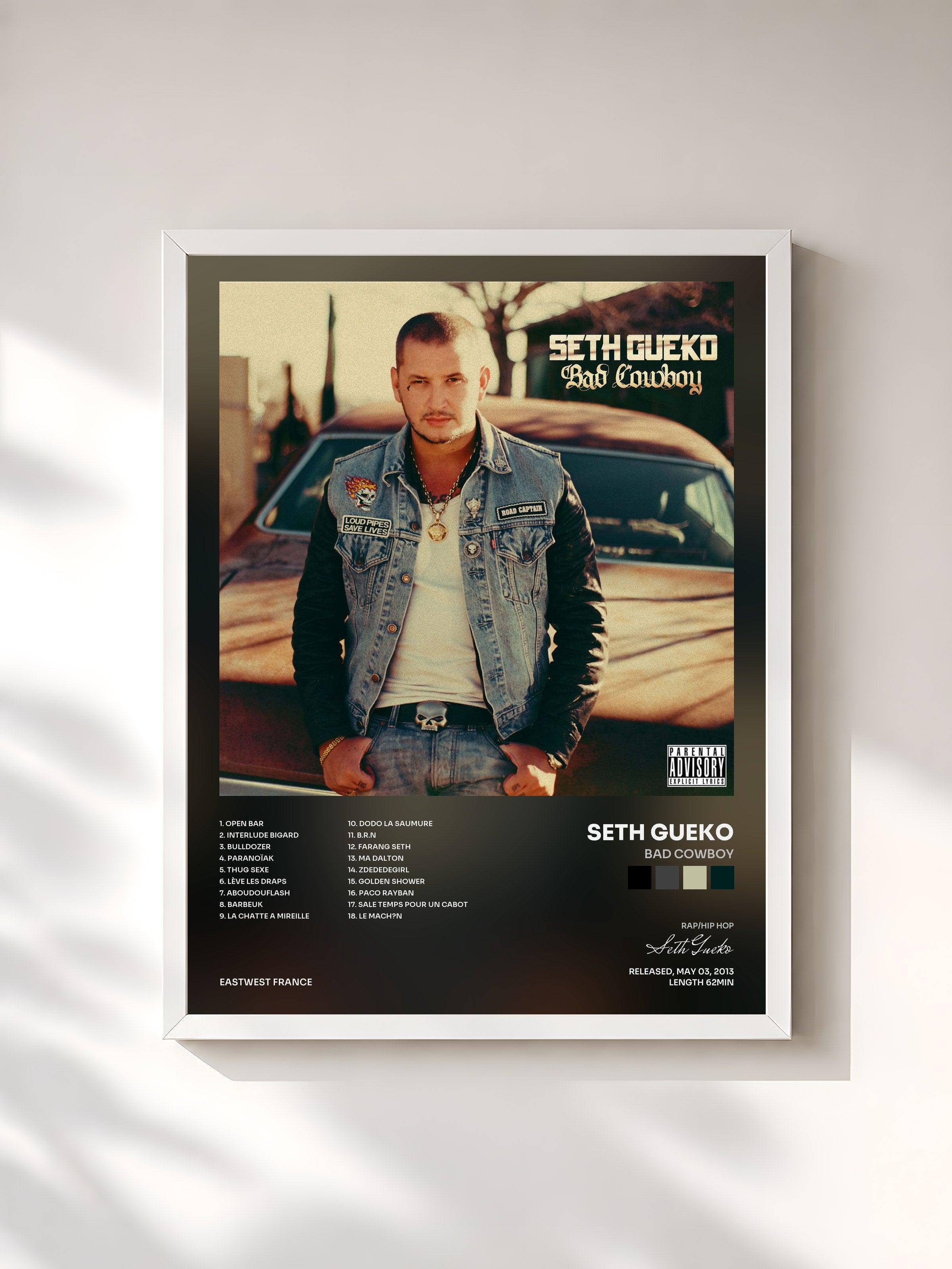 #blanc Tableau de l'album Bad Cowboy de Seth Gueko, cadre blanc, imprimé et encadré en France