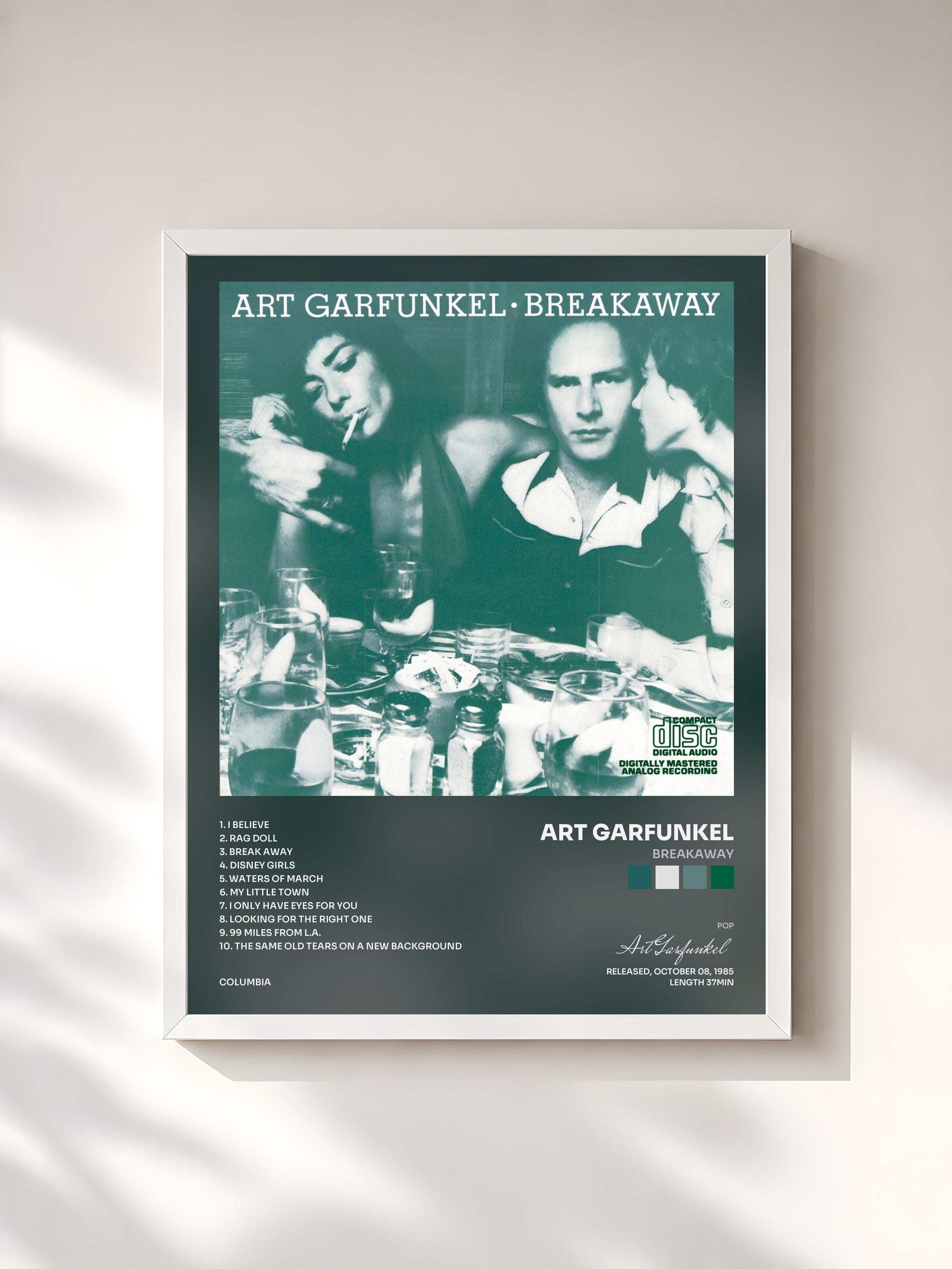 #blanc Tableau de l'album Breakaway de Art Garfunkel, cadre blanc, imprimé et encadré en France