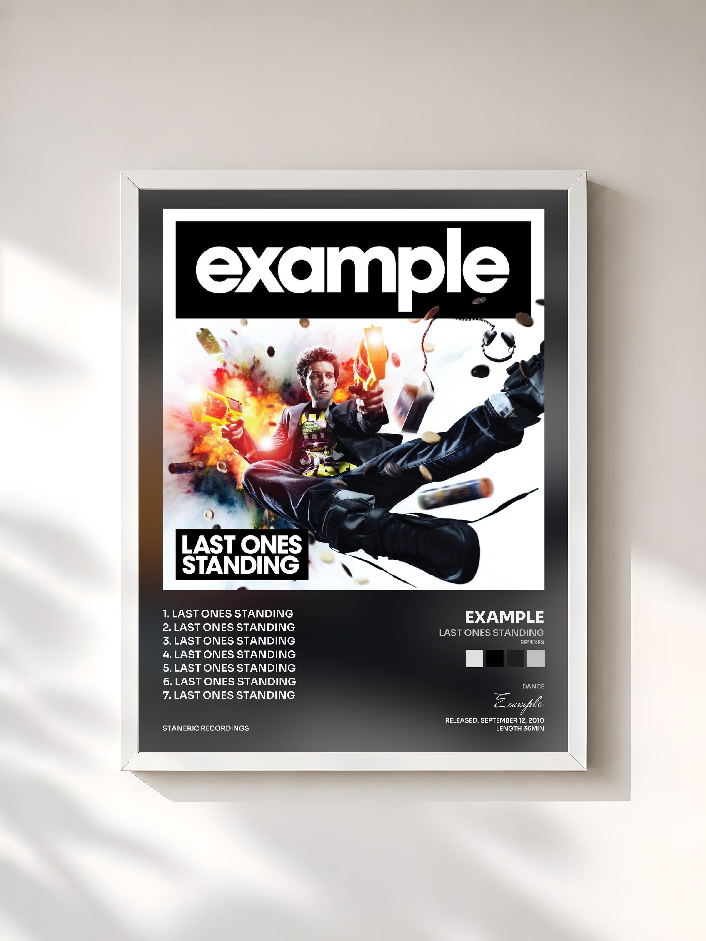 #blanc Tableau de l'album Last Ones Standing (Remixes) de Example, cadre blanc, imprimé et encadré en France