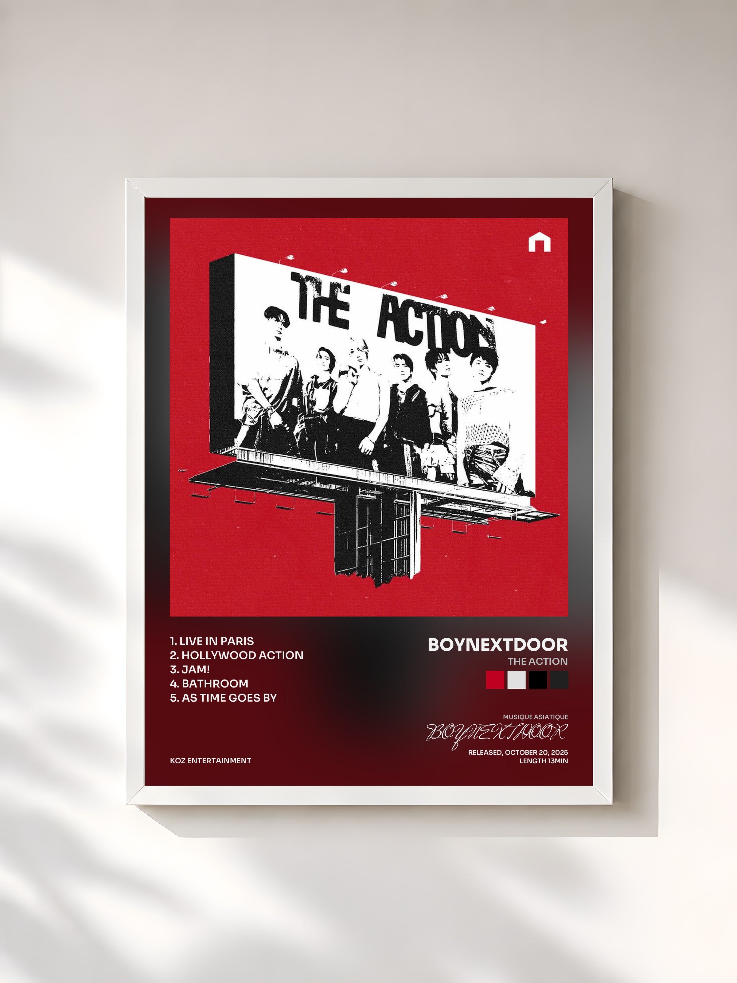 #blanc Tableau de l'album The Action de BOYNEXTDOOR, cadre blanc, imprimé et encadré en France