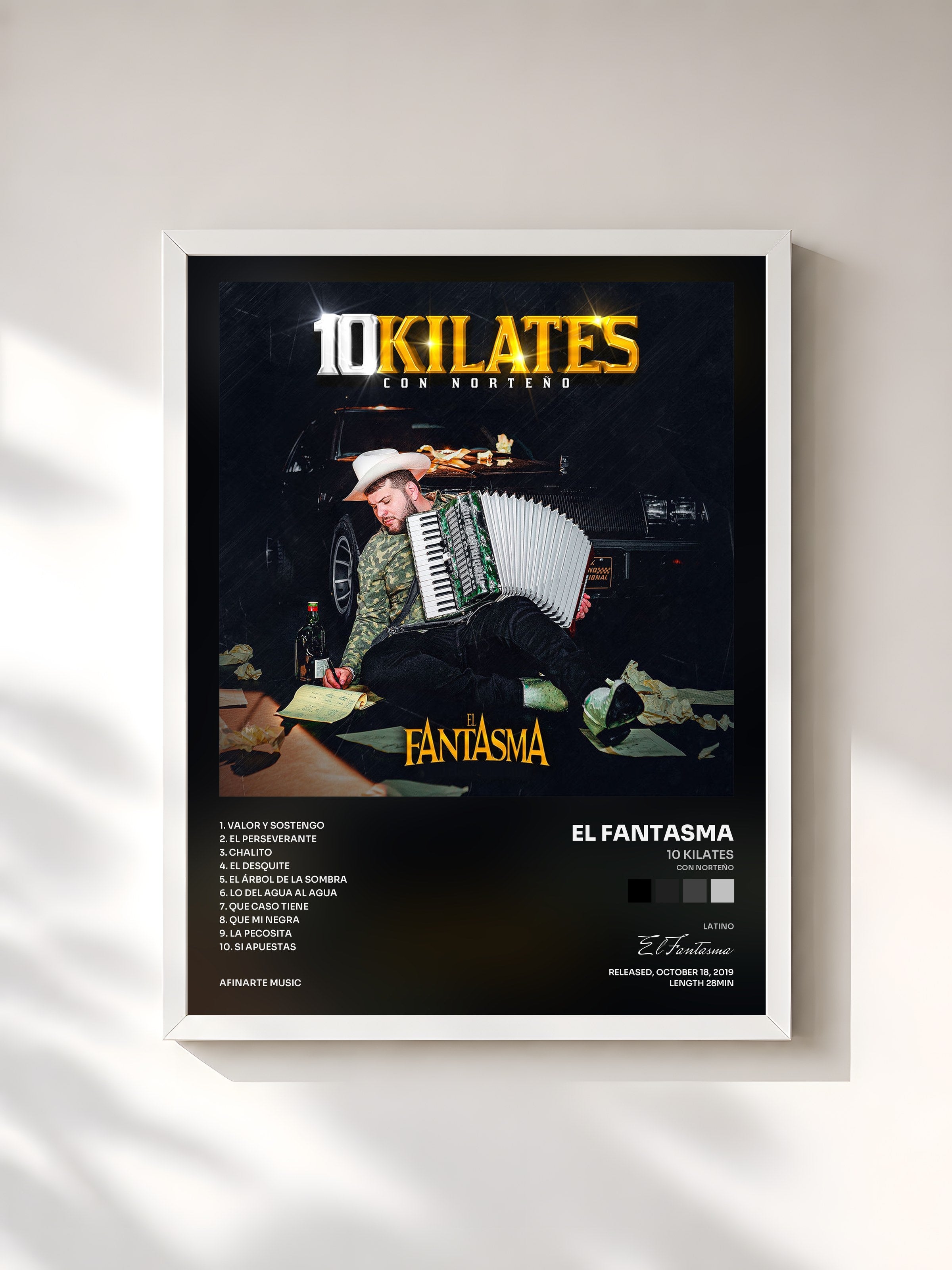 #blanc Tableau de l'album 10 Kilates (Con Norteño) de El Fantasma, cadre blanc, imprimé et encadré en France