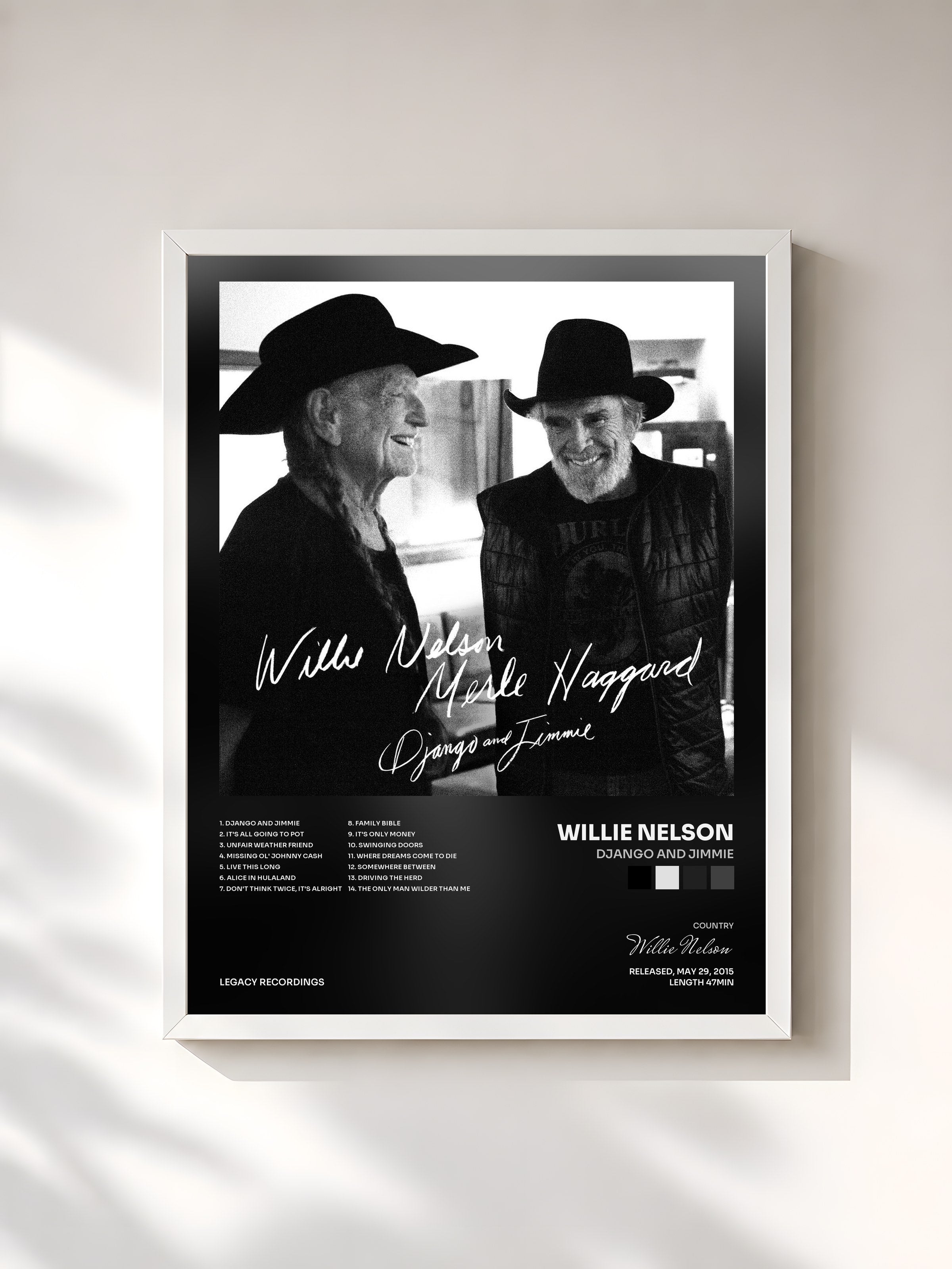 #blanc Tableau de l'album Django and Jimmie de Willie Nelson, cadre blanc, imprimé et encadré en France