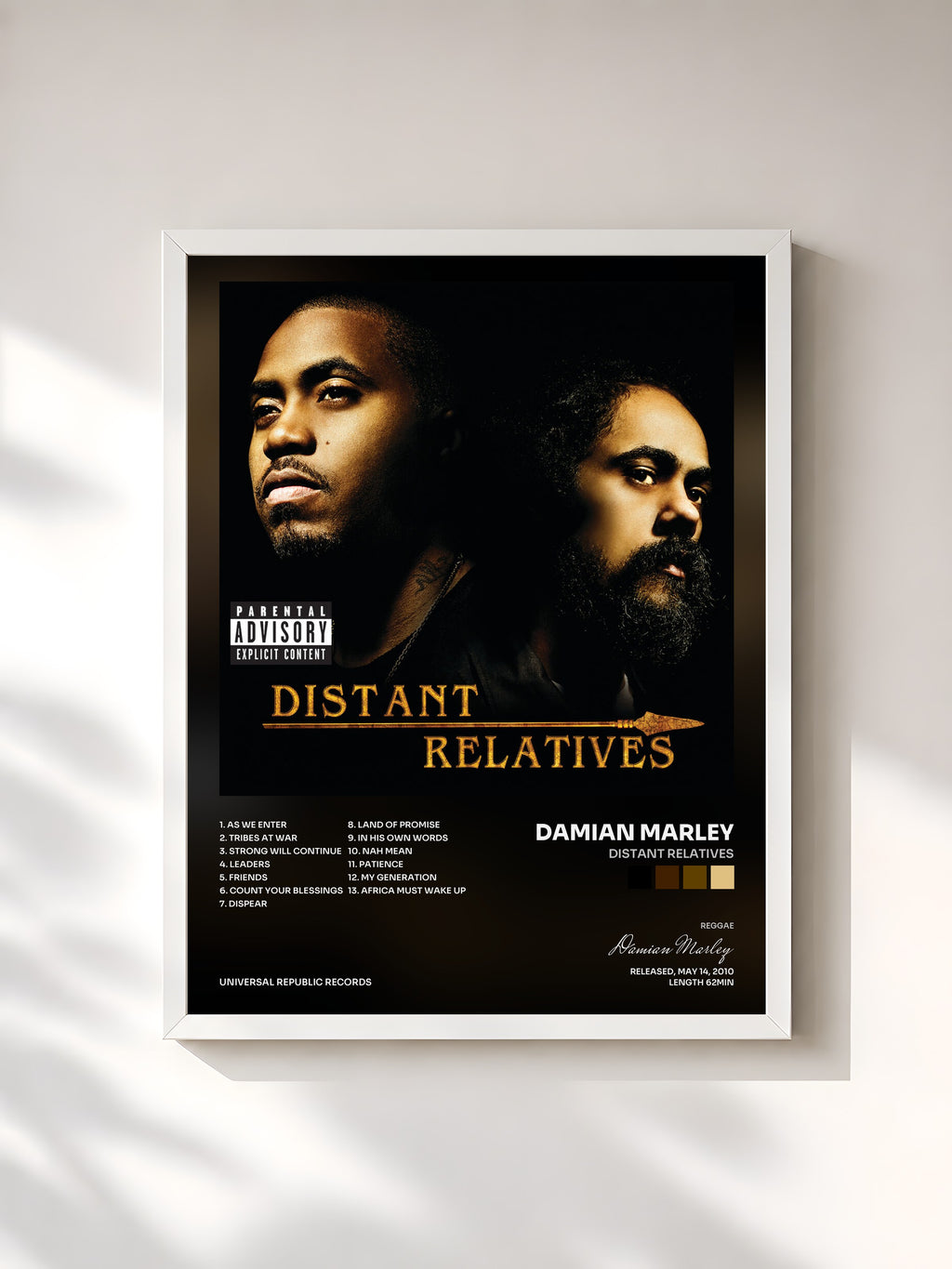 #blanc Tableau de l'album Distant Relatives de Damian Marley, cadre blanc, imprimé et encadré en France
