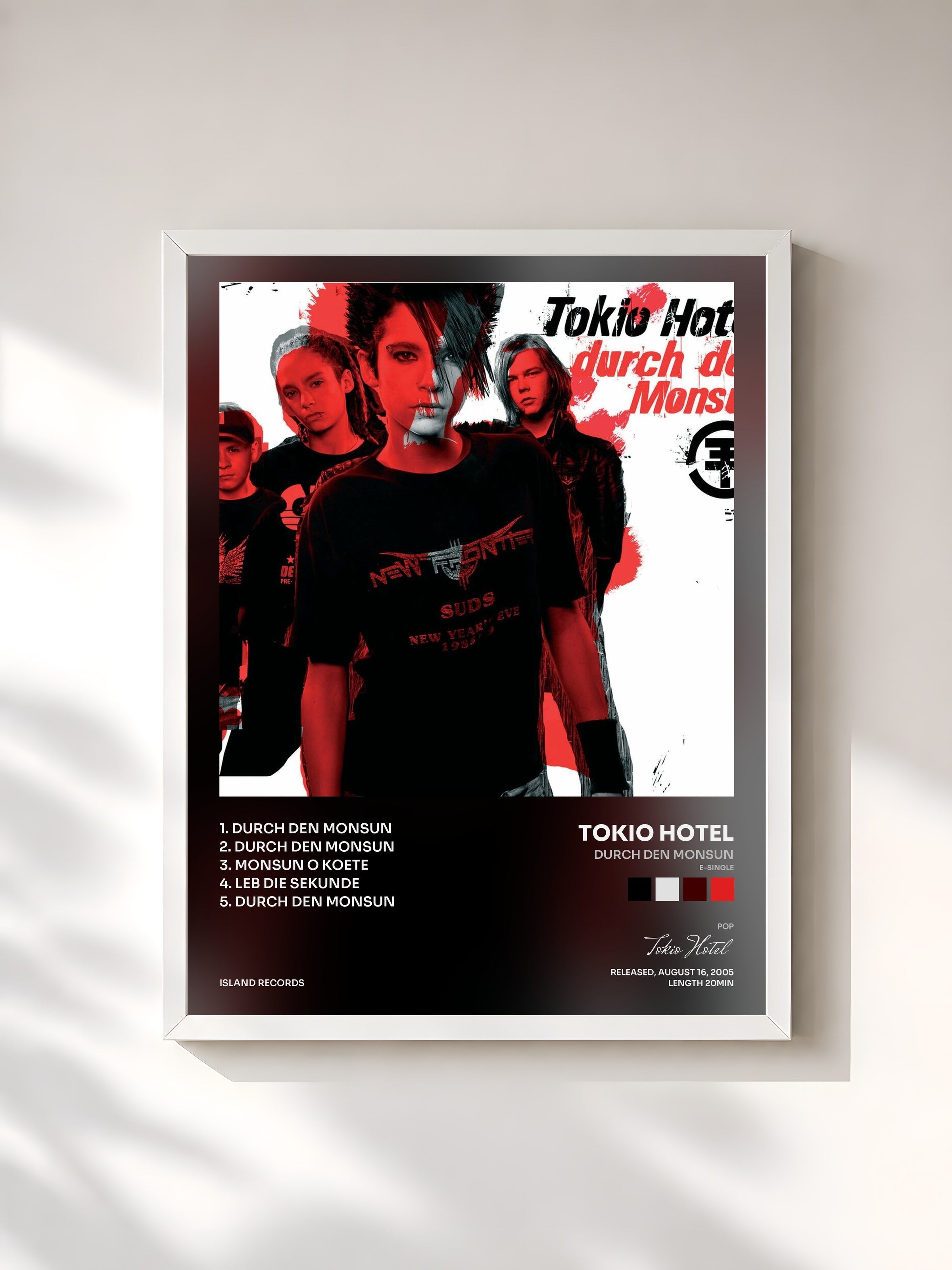 #blanc Tableau de l'album Durch Den Monsun (e-Single) de Tokio Hotel, cadre blanc, imprimé et encadré en France