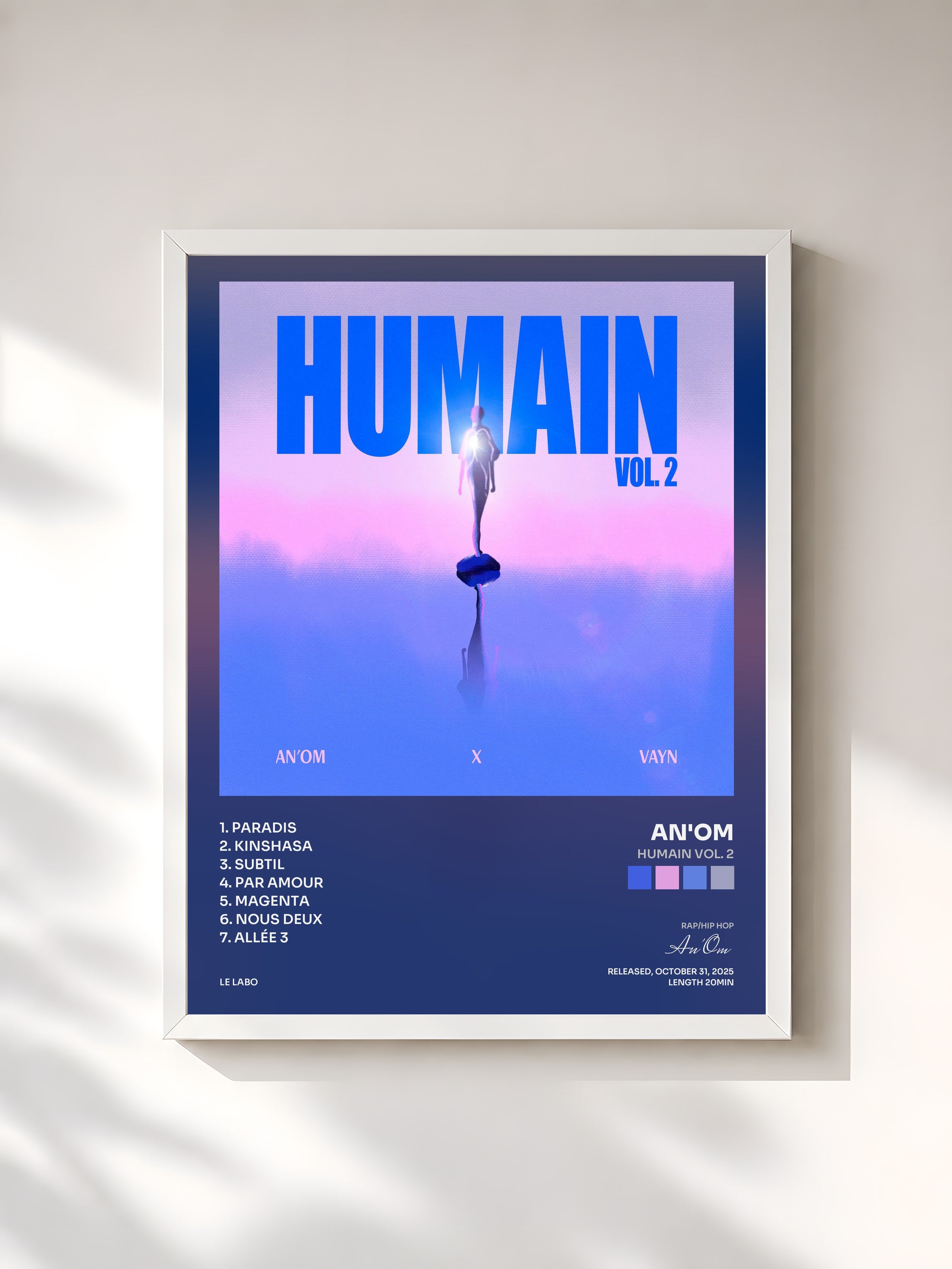 #blanc Tableau de l'album Humain Vol. 2 de An'Om, cadre blanc, imprimé et encadré en France