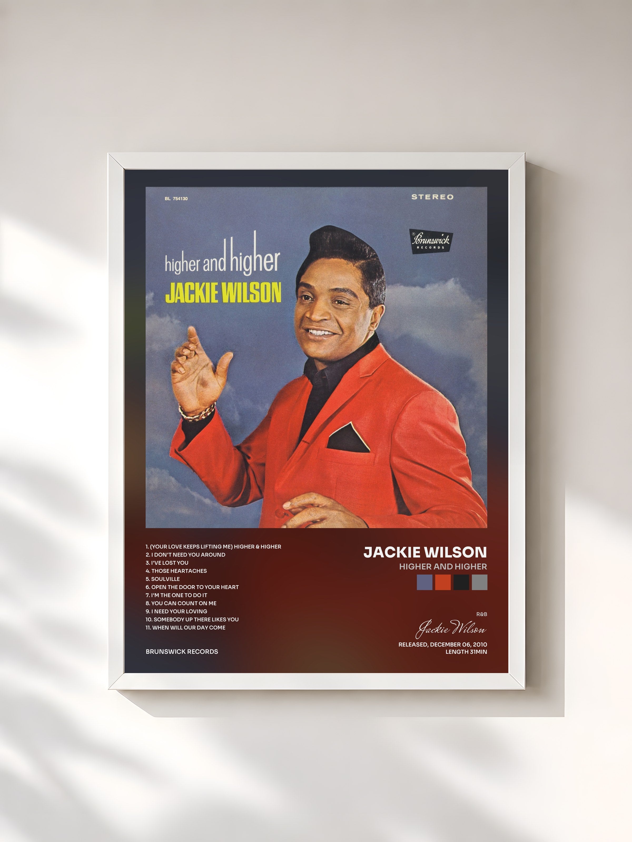 #blanc Tableau de l'album Higher And Higher de Jackie Wilson, cadre blanc, imprimé et encadré en France