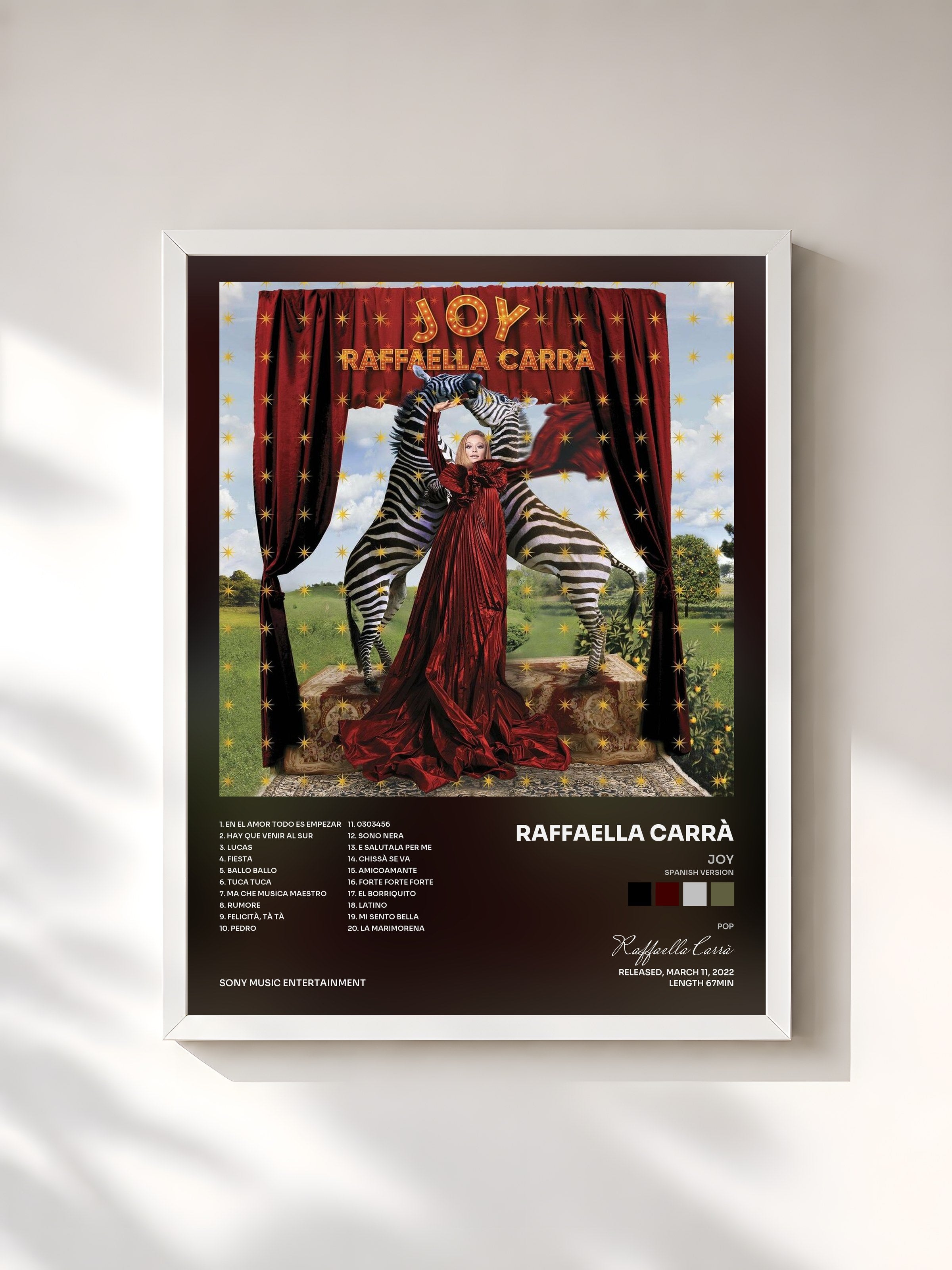#blanc Tableau de l'album JOY (Spanish Version) de Raffaella Carrà, cadre blanc, imprimé et encadré en France