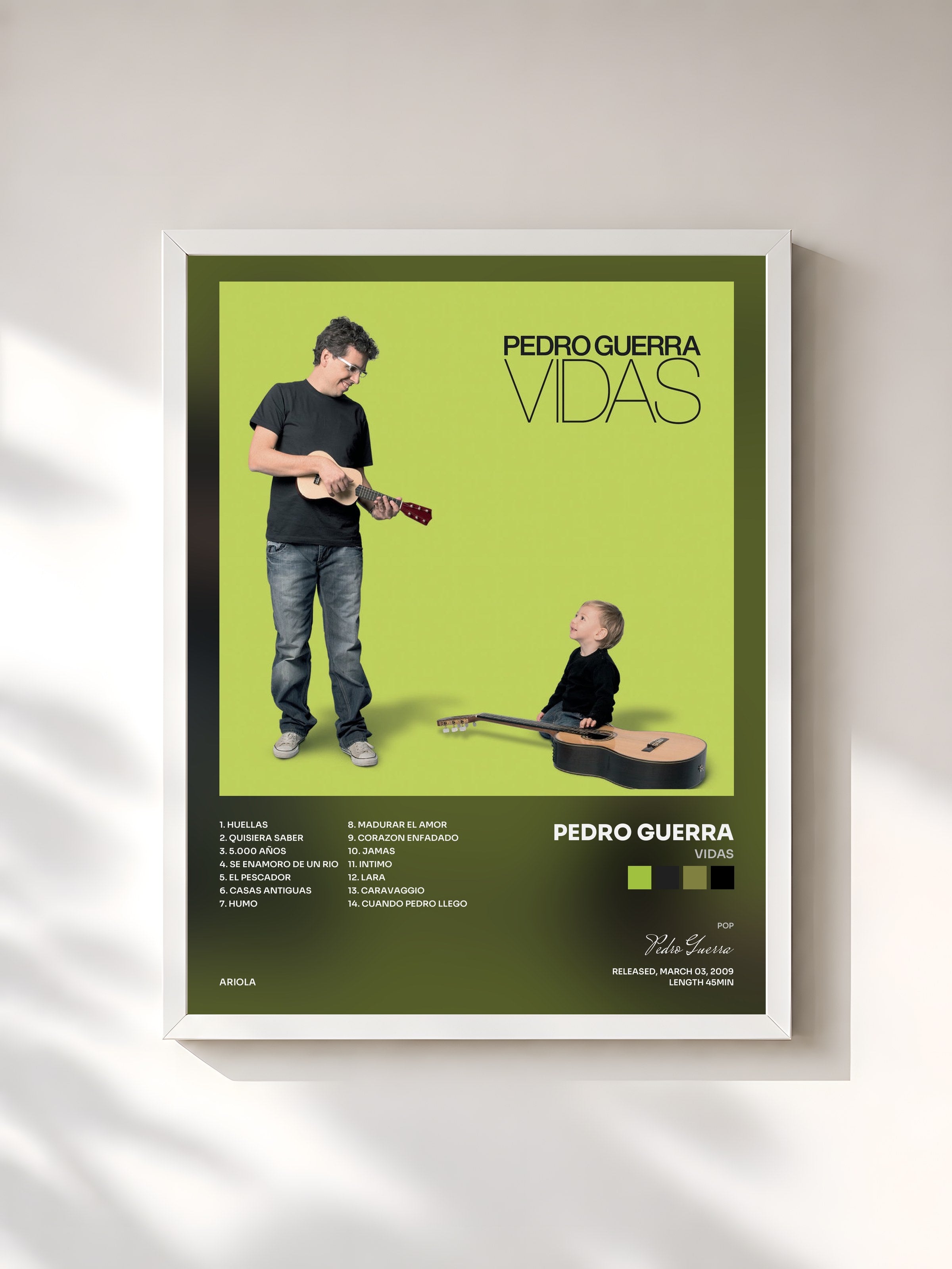 #blanc Tableau de l'album Vidas de Pedro Guerra, cadre blanc, imprimé et encadré en France
