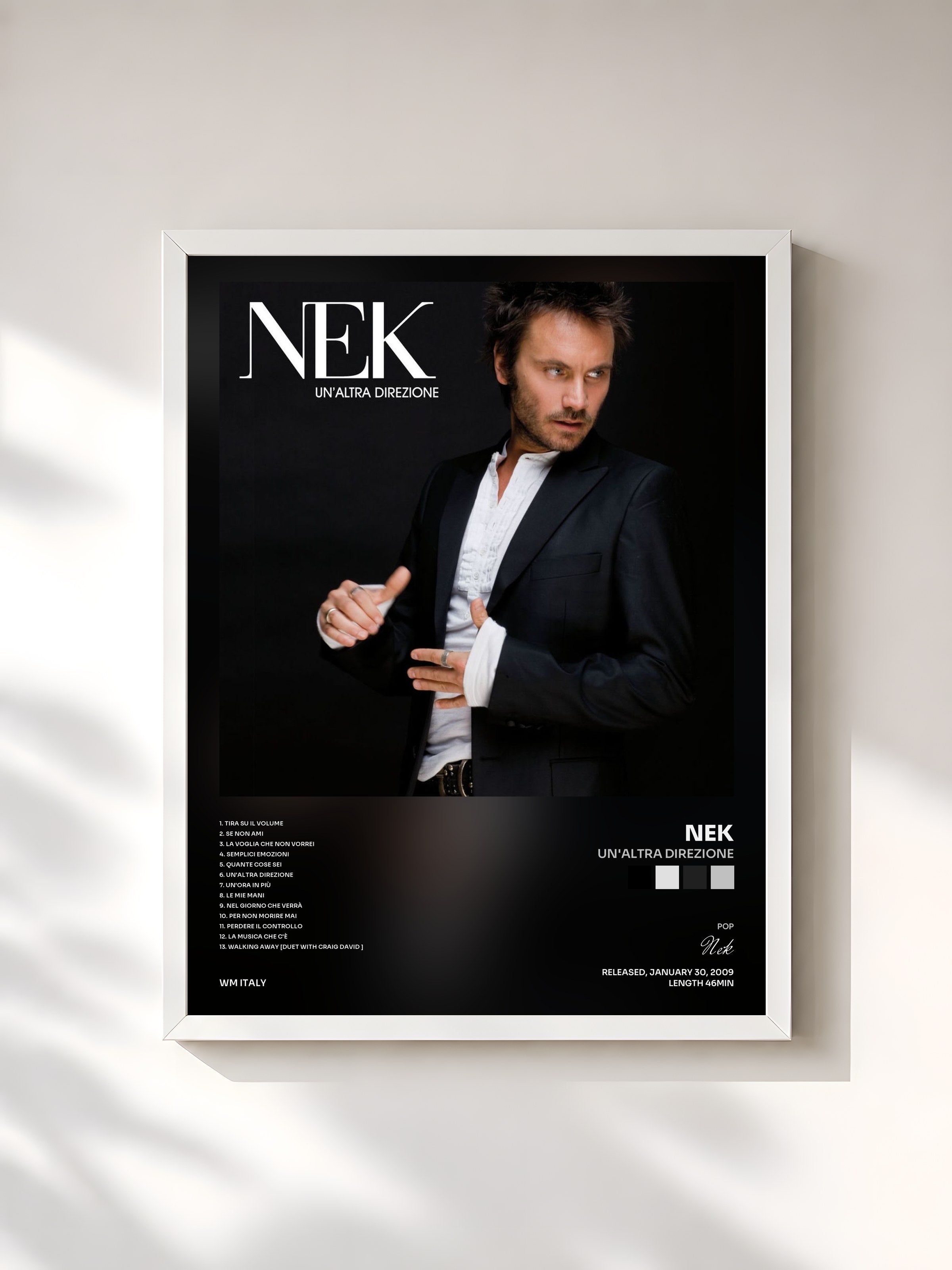 #blanc Tableau de l'album Un'altra direzione de Nek, cadre blanc, imprimé et encadré en France
