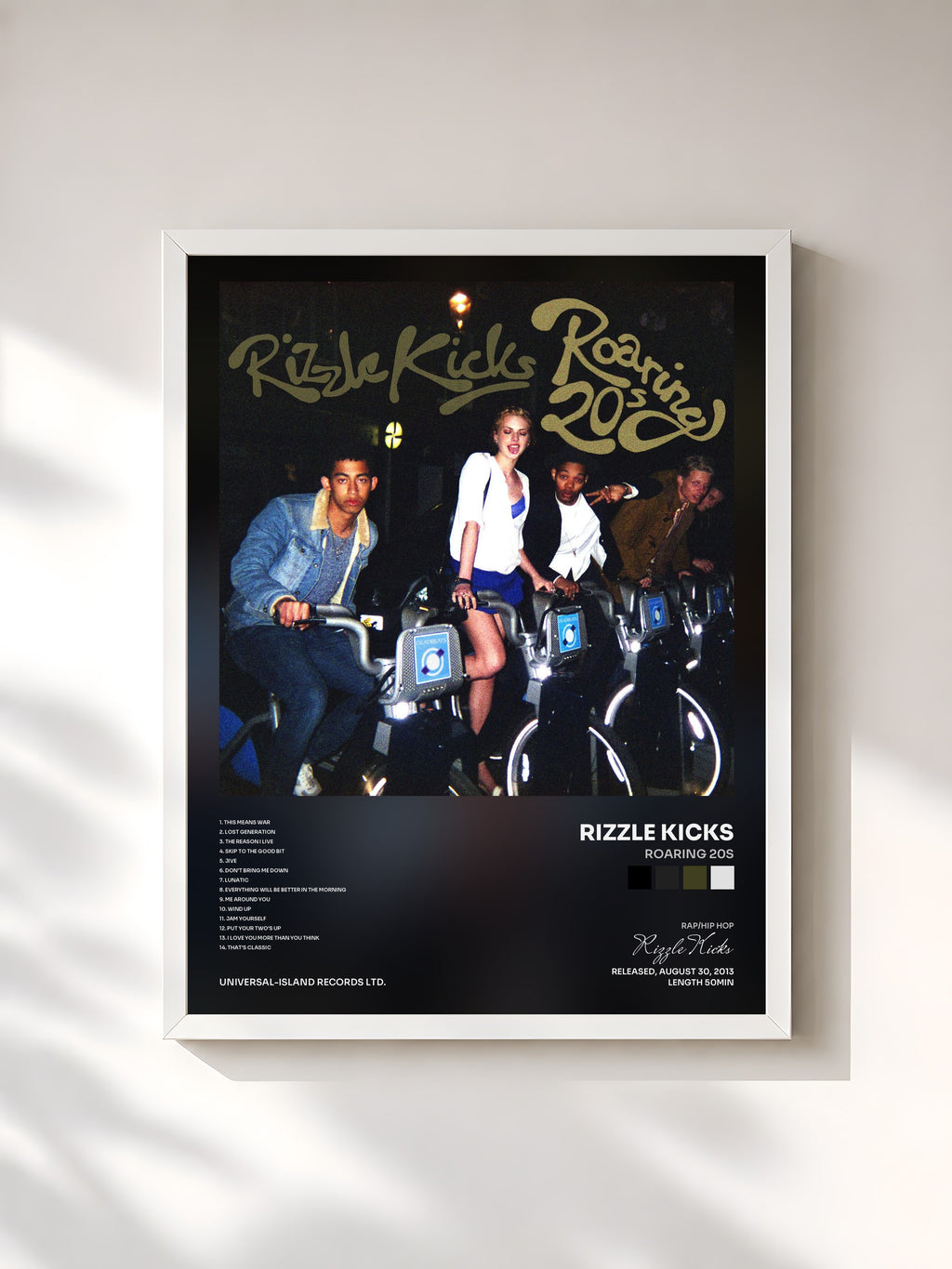 #blanc Tableau de l'album Roaring 20s de Rizzle Kicks, cadre blanc, imprimé et encadré en France