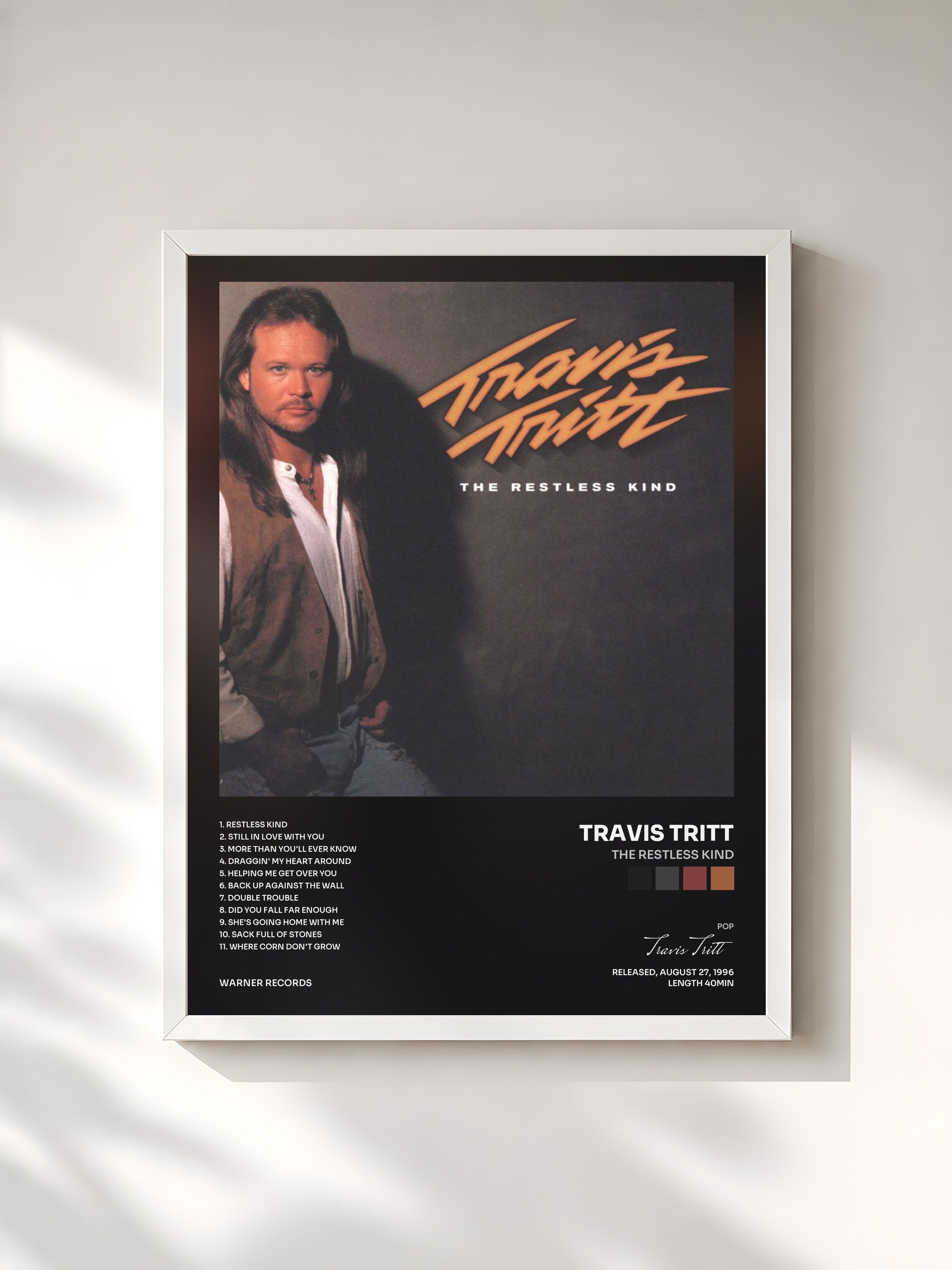 #blanc Tableau de l'album The Restless Kind de Travis Tritt, cadre blanc, imprimé et encadré en France