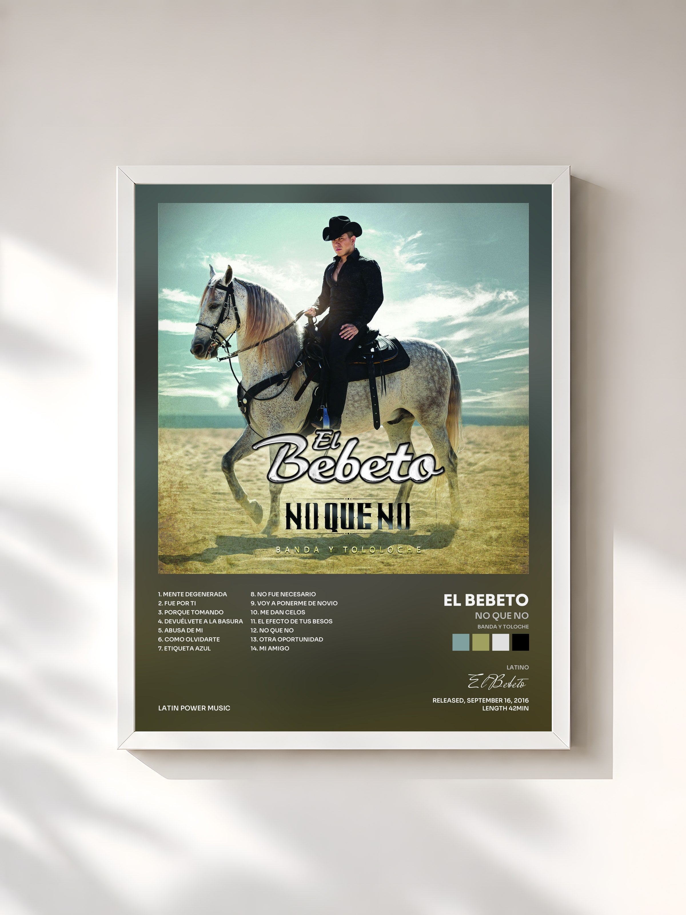 #blanc Tableau de l'album No Que No (Banda Y Toloche) de El Bebeto, cadre blanc, imprimé et encadré en France