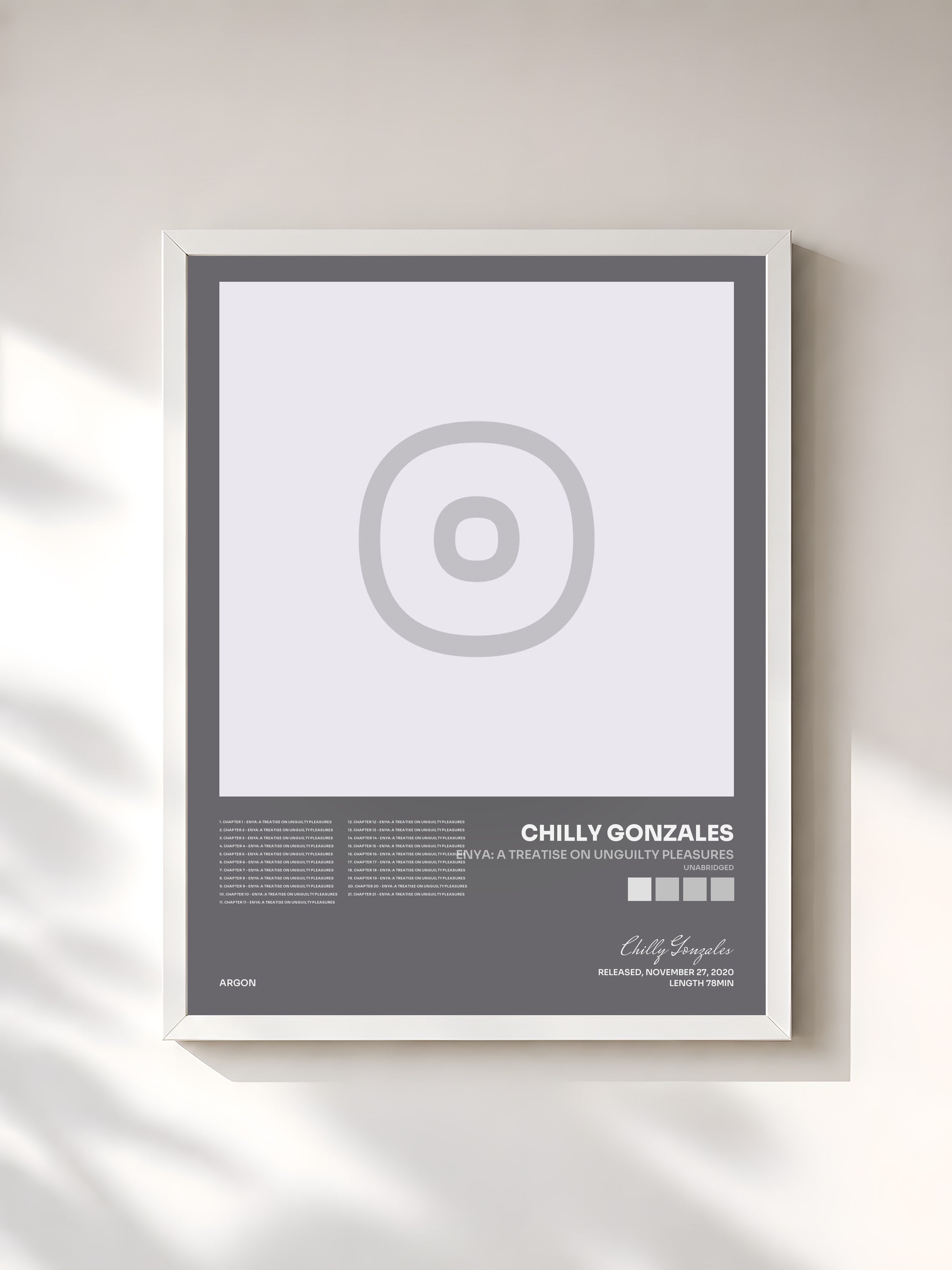 #blanc Tableau de l'album Enya: A Treatise on Unguilty Pleasures (Unabridged) de Chilly Gonzales, cadre blanc, imprimé et encadré en France