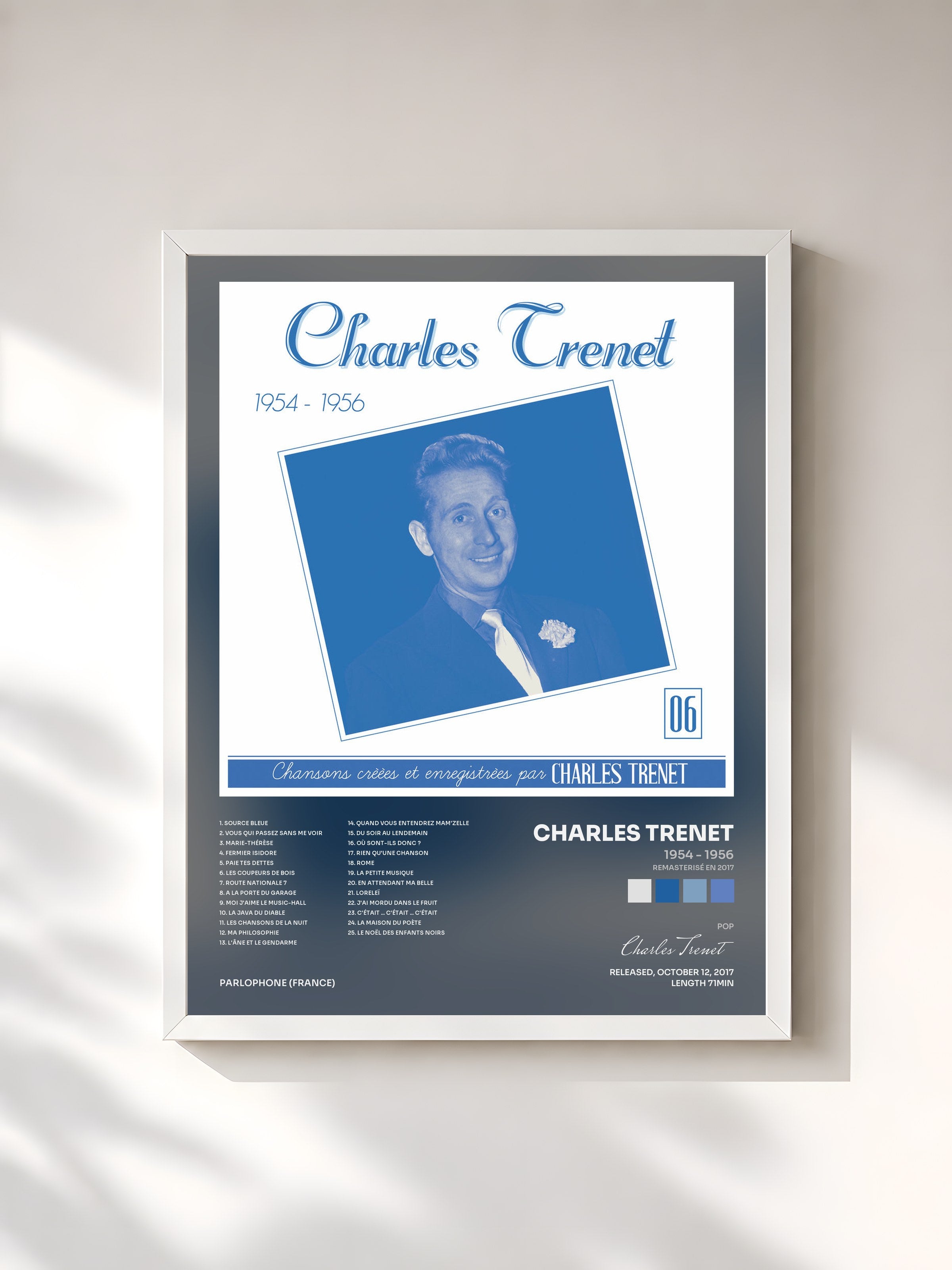 #blanc Tableau de l'album 1954 - 1956 (Remasterisé en 2017) de Charles Trenet, cadre blanc, imprimé et encadré en France
