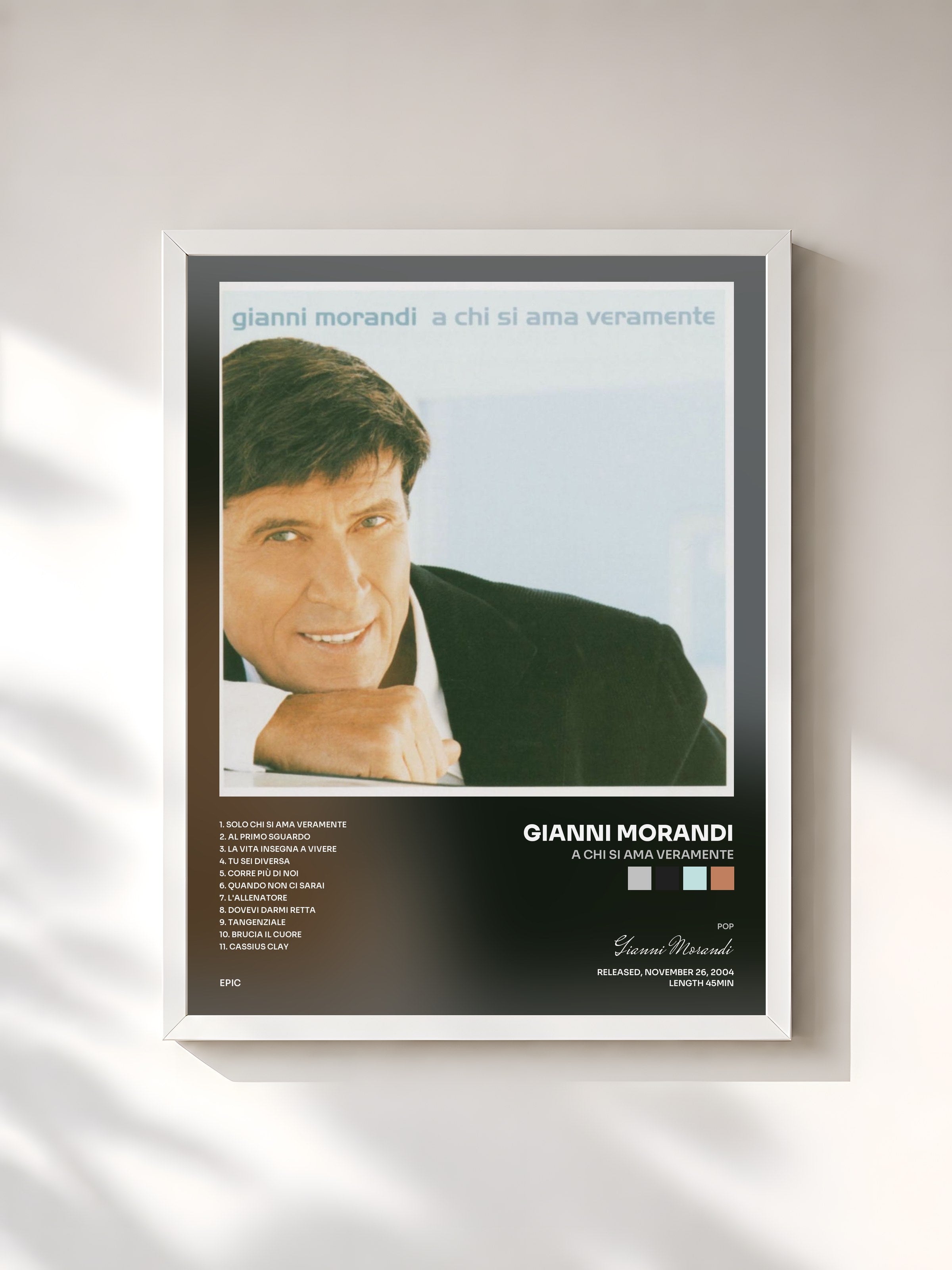 #blanc Tableau de l'album A Chi Si Ama Veramente de Gianni Morandi, cadre blanc, imprimé et encadré en France