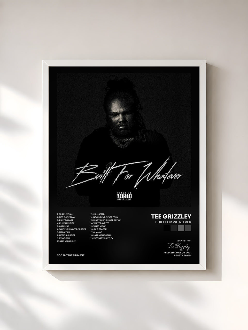 #blanc Tableau de l'album Built For Whatever de Tee Grizzley, cadre blanc, imprimé et encadré en France