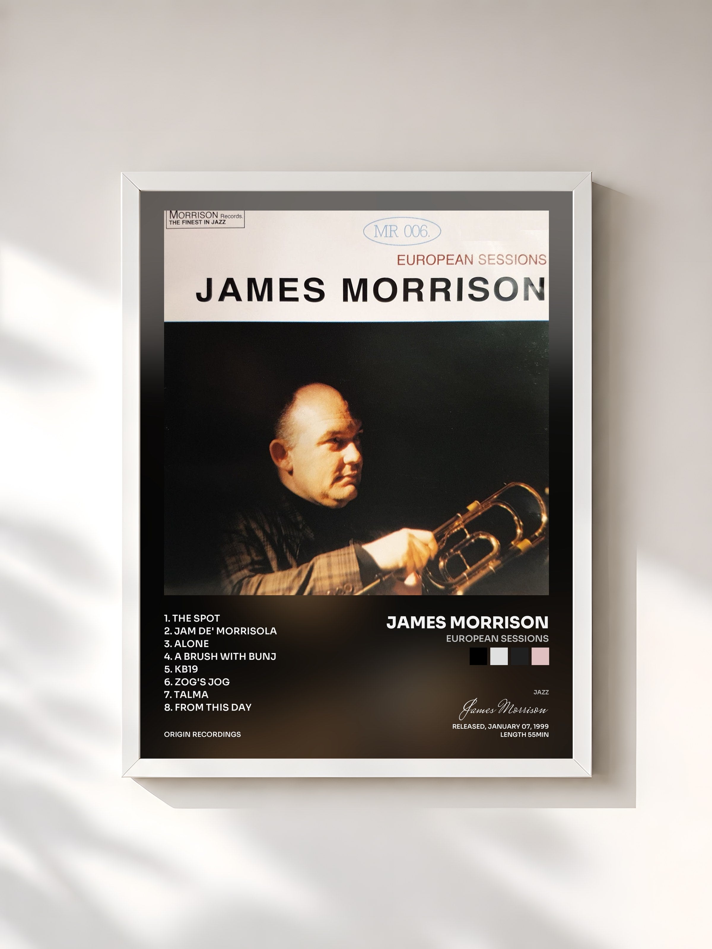 #blanc Tableau de l'album European Sessions de James Morrison, cadre blanc, imprimé et encadré en France