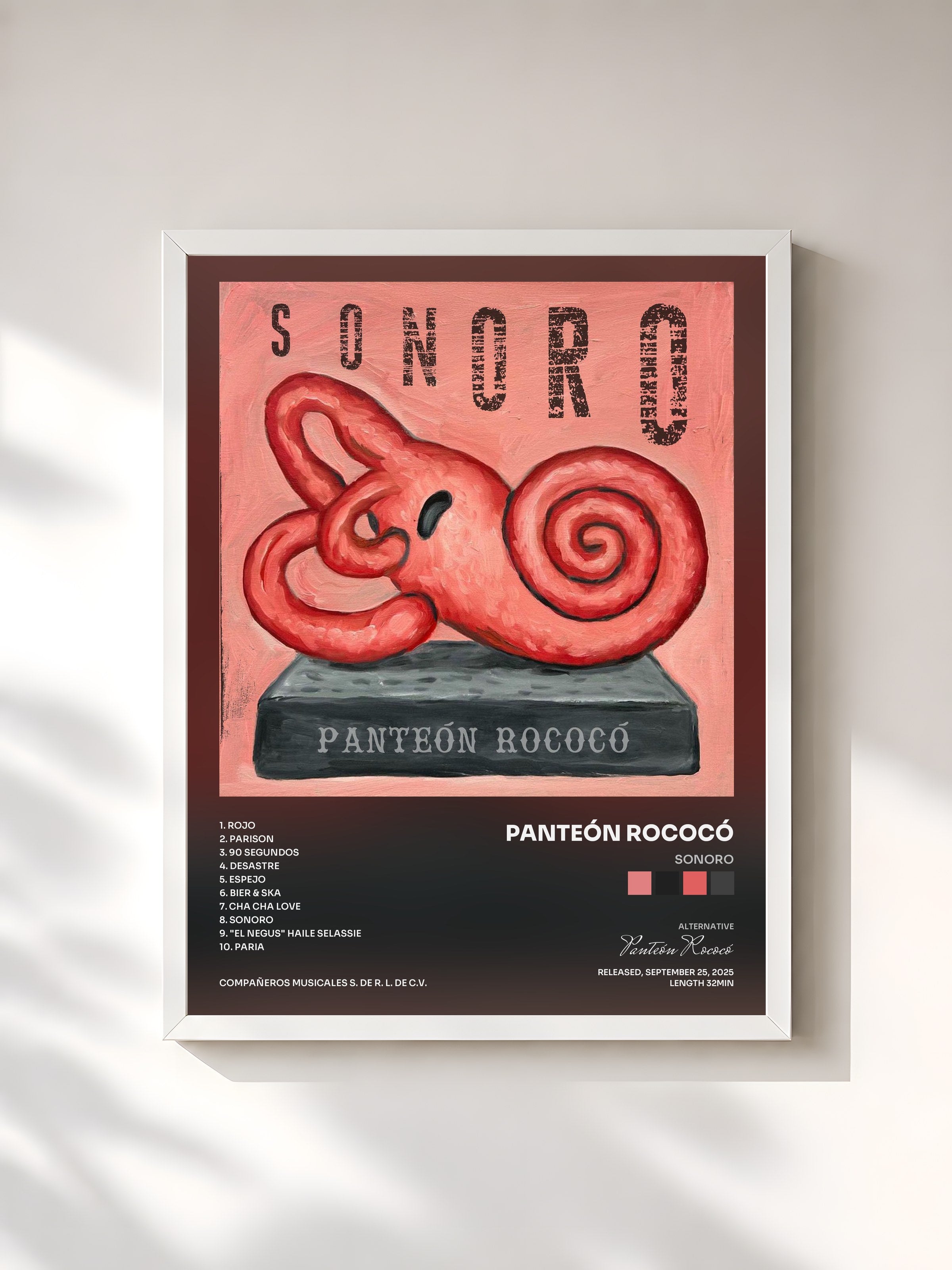 #blanc Tableau de l'album Sonoro de Panteón Rococó, cadre blanc, imprimé et encadré en France