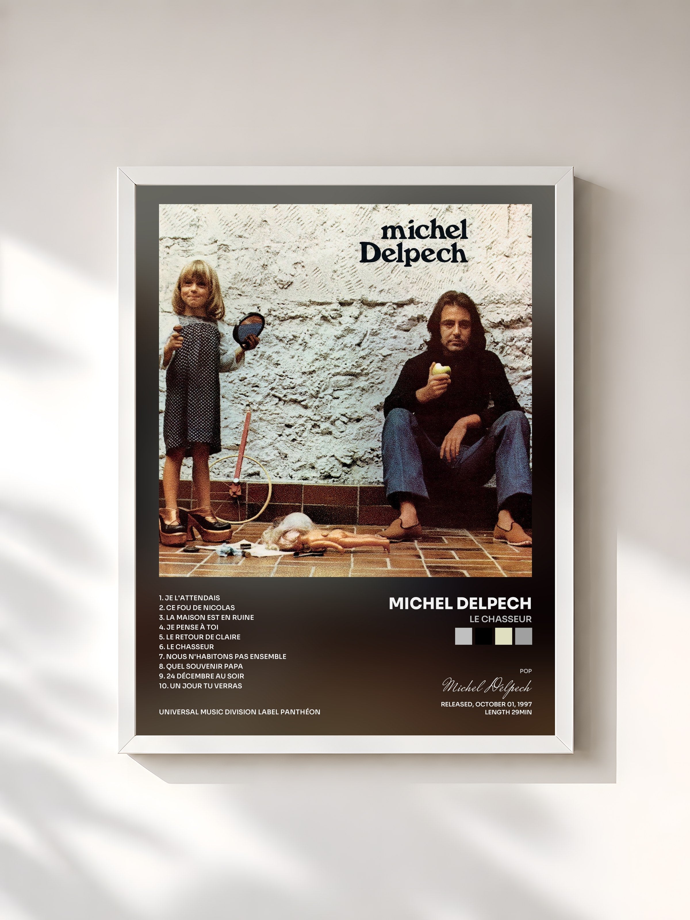 #blanc Tableau de l'album Le Chasseur de Michel Delpech, cadre blanc, imprimé et encadré en France