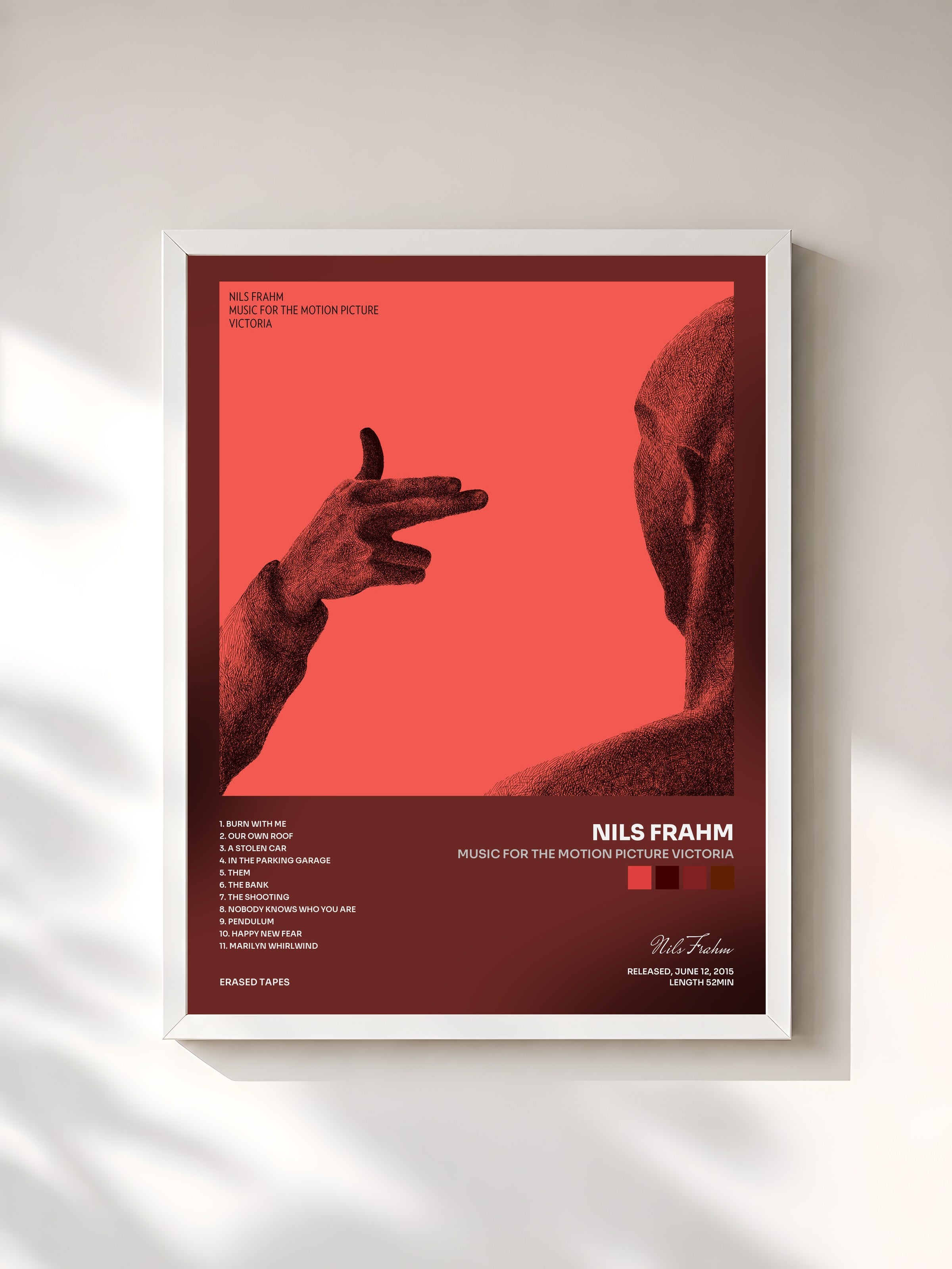 #blanc Tableau de l'album Music for the Motion Picture Victoria de Nils Frahm, cadre blanc, imprimé et encadré en France