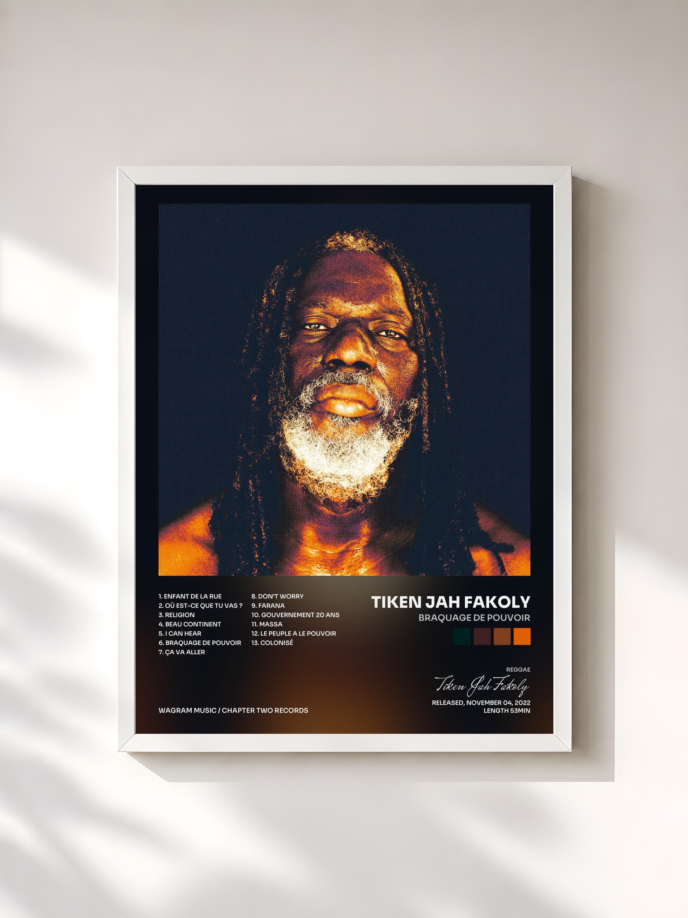 #blanc Tableau de l'album Braquage de pouvoir de Tiken Jah Fakoly, cadre blanc, imprimé et encadré en France