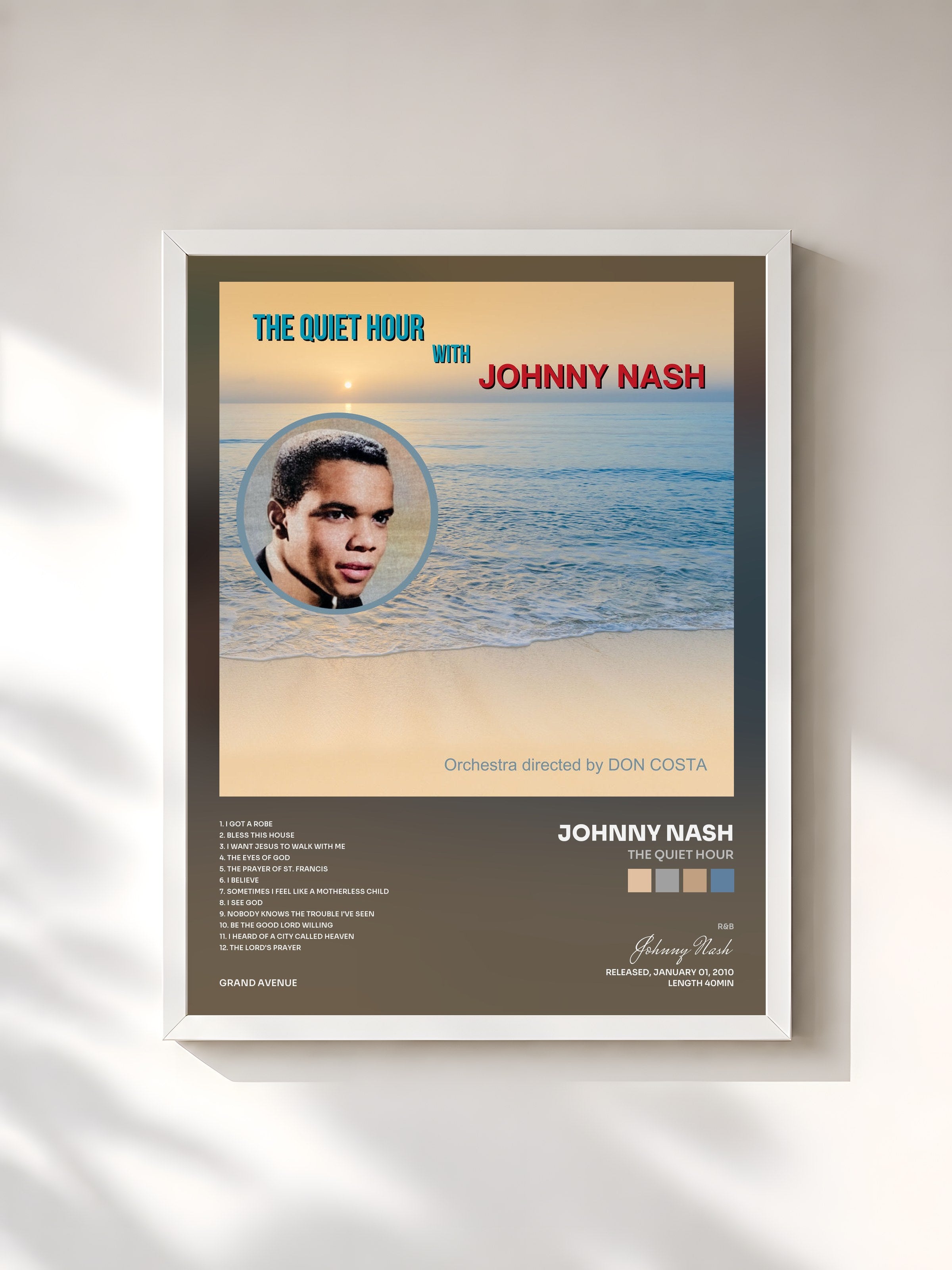 #blanc Tableau de l'album The Quiet Hour de Johnny Nash, cadre blanc, imprimé et encadré en France