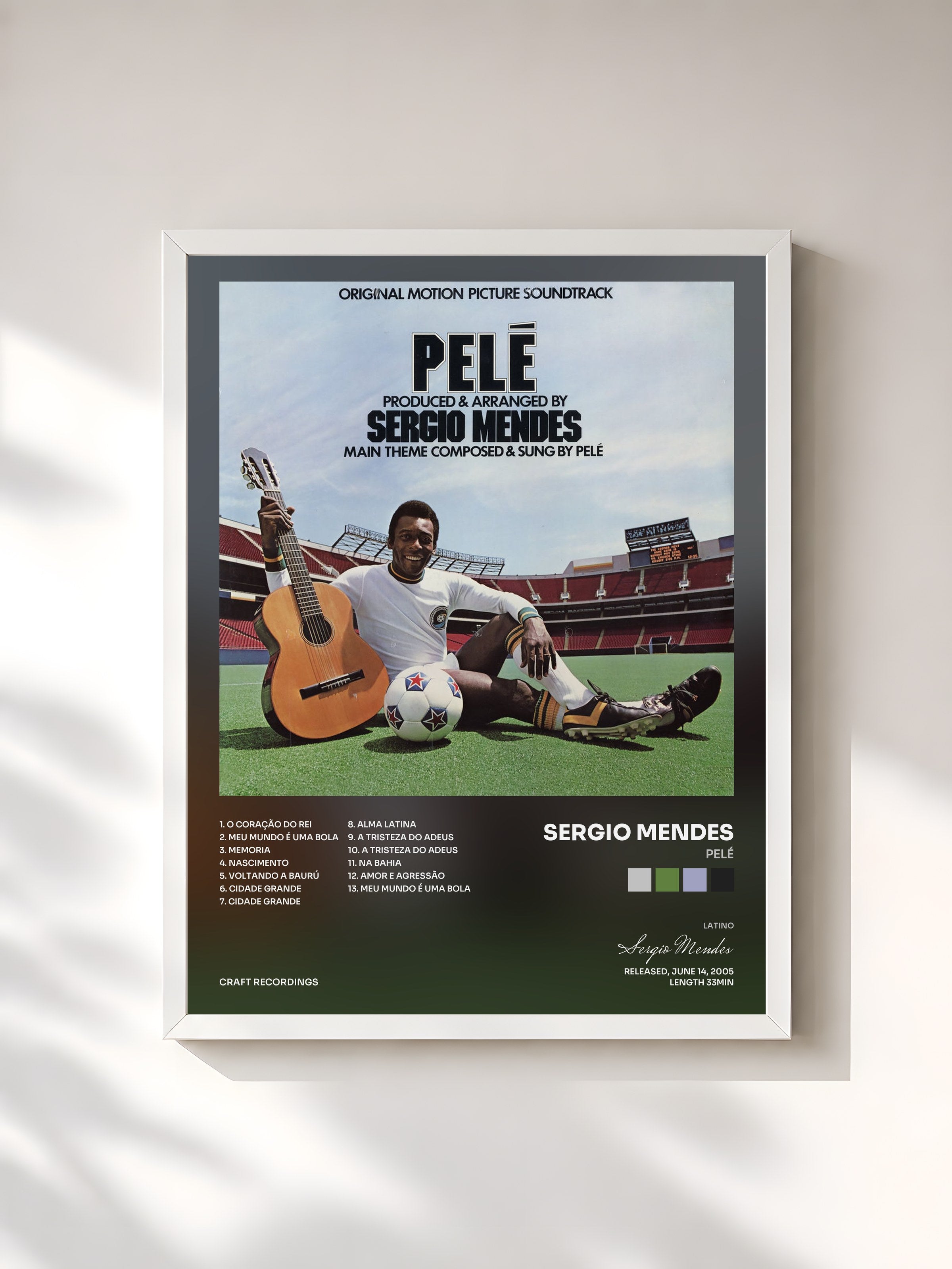 #blanc Tableau de l'album Pelé de Sergio Mendes, cadre blanc, imprimé et encadré en France
