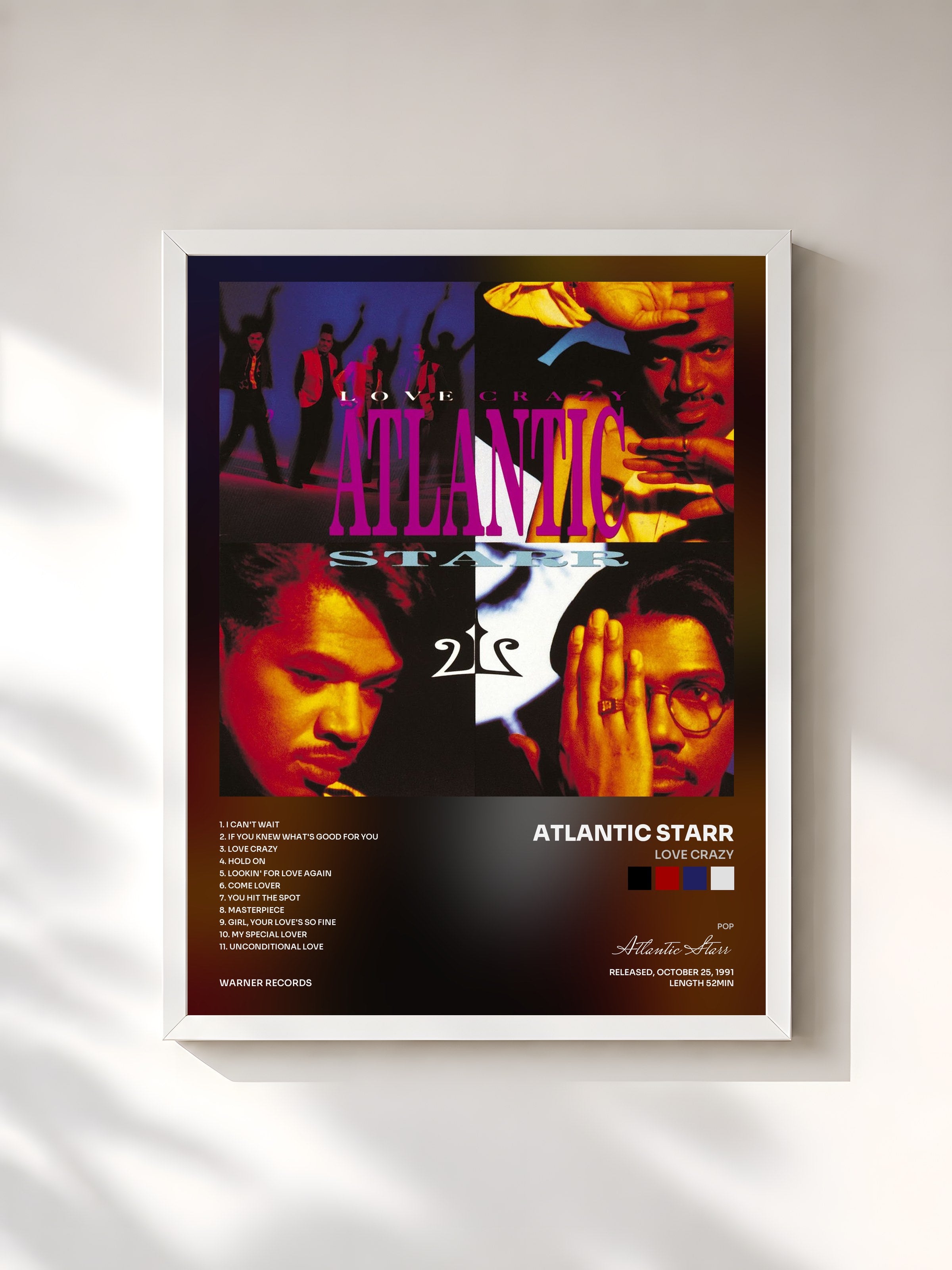 #blanc Tableau de l'album Love Crazy de Atlantic Starr, cadre blanc, imprimé et encadré en France