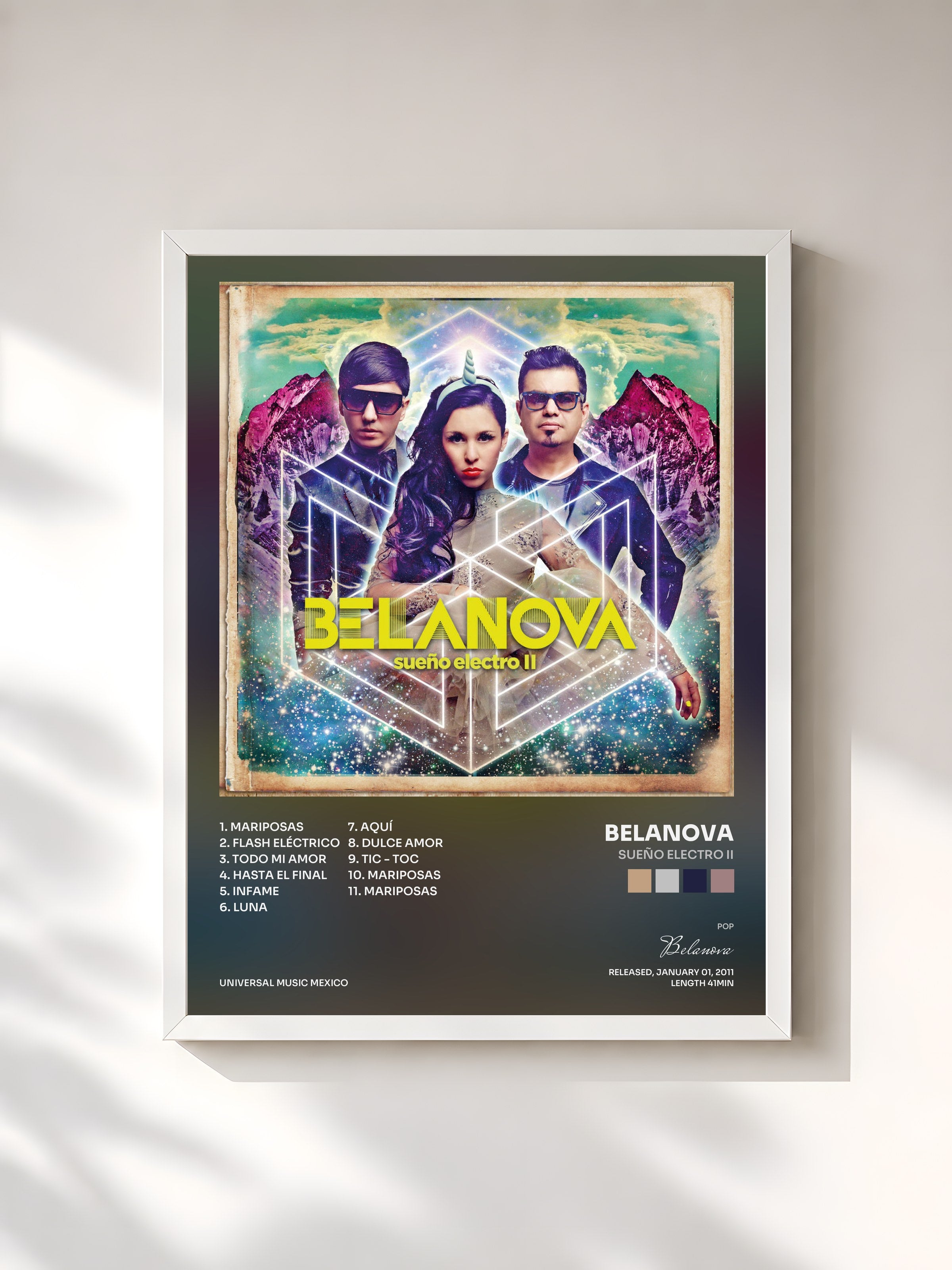 #blanc Tableau de l'album Sueño Electro II de Belanova, cadre blanc, imprimé et encadré en France