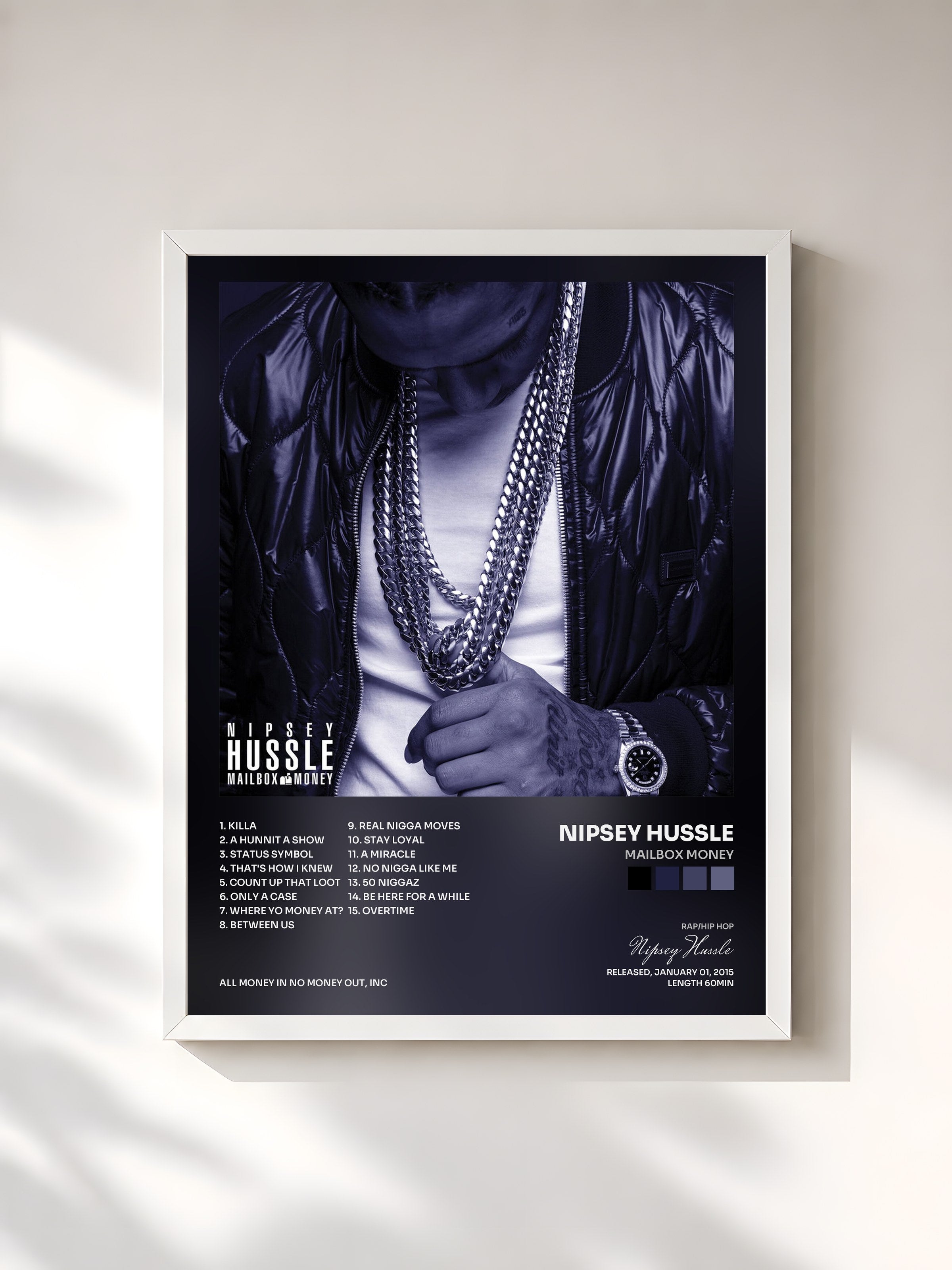 #blanc Tableau de l'album Mailbox Money de Nipsey Hussle, cadre blanc, imprimé et encadré en France