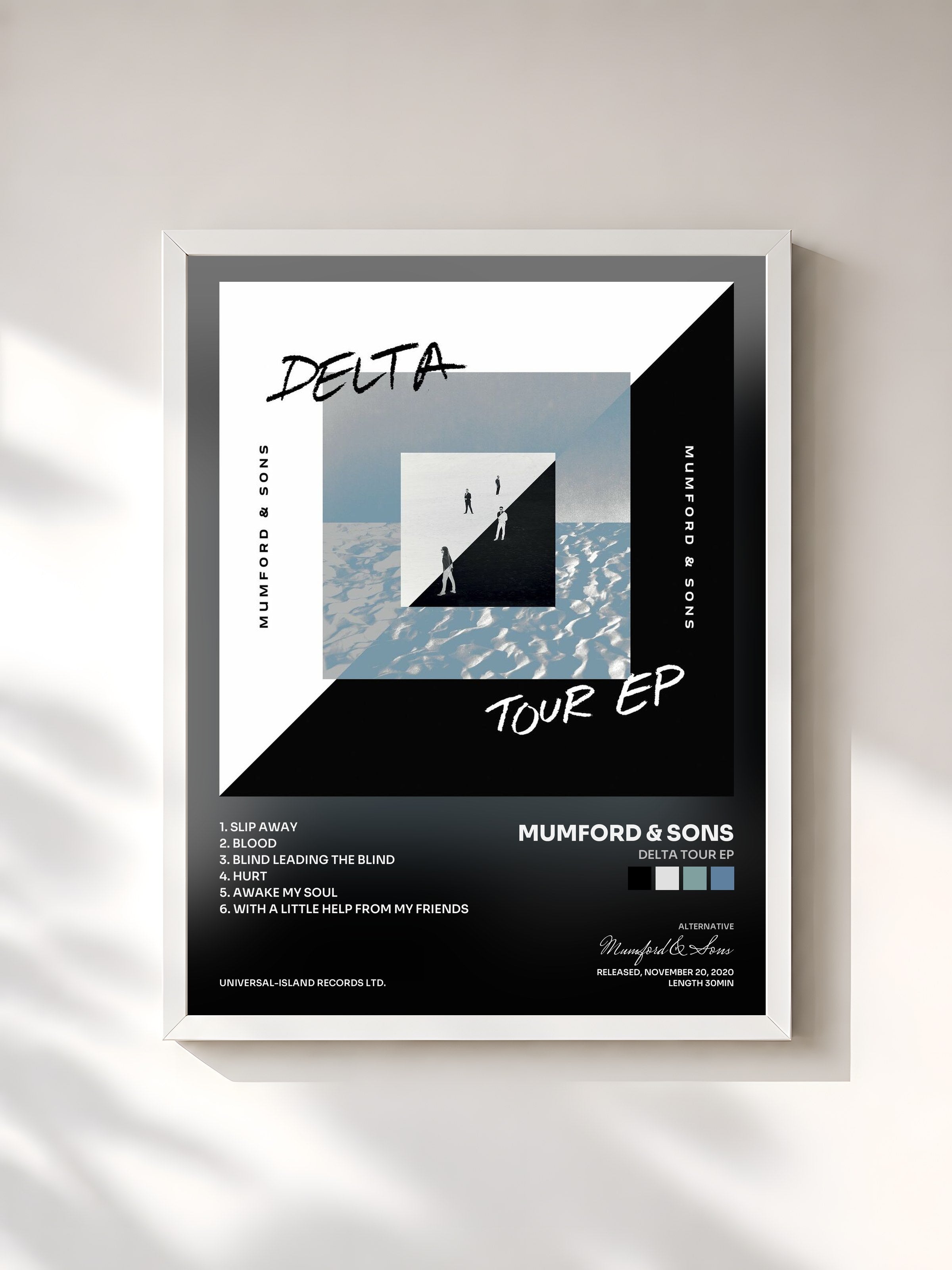 #blanc Tableau de l'album Delta Tour EP de Mumford & Sons, cadre blanc, imprimé et encadré en France
