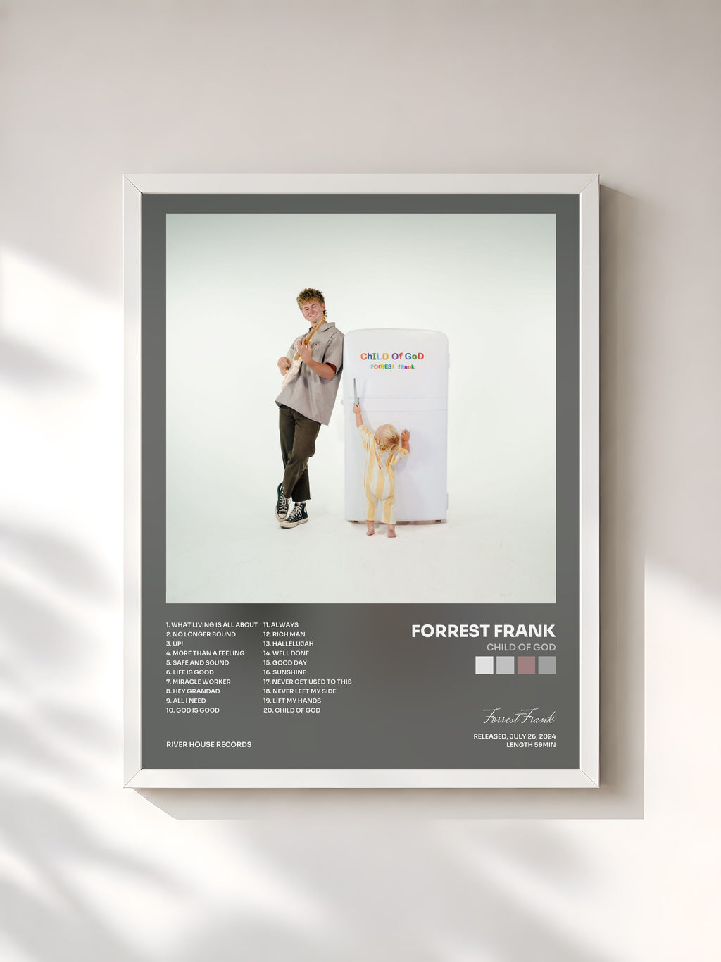 #blanc Tableau de l'album CHILD OF GOD de Forrest Frank, cadre blanc, imprimé et encadré en France