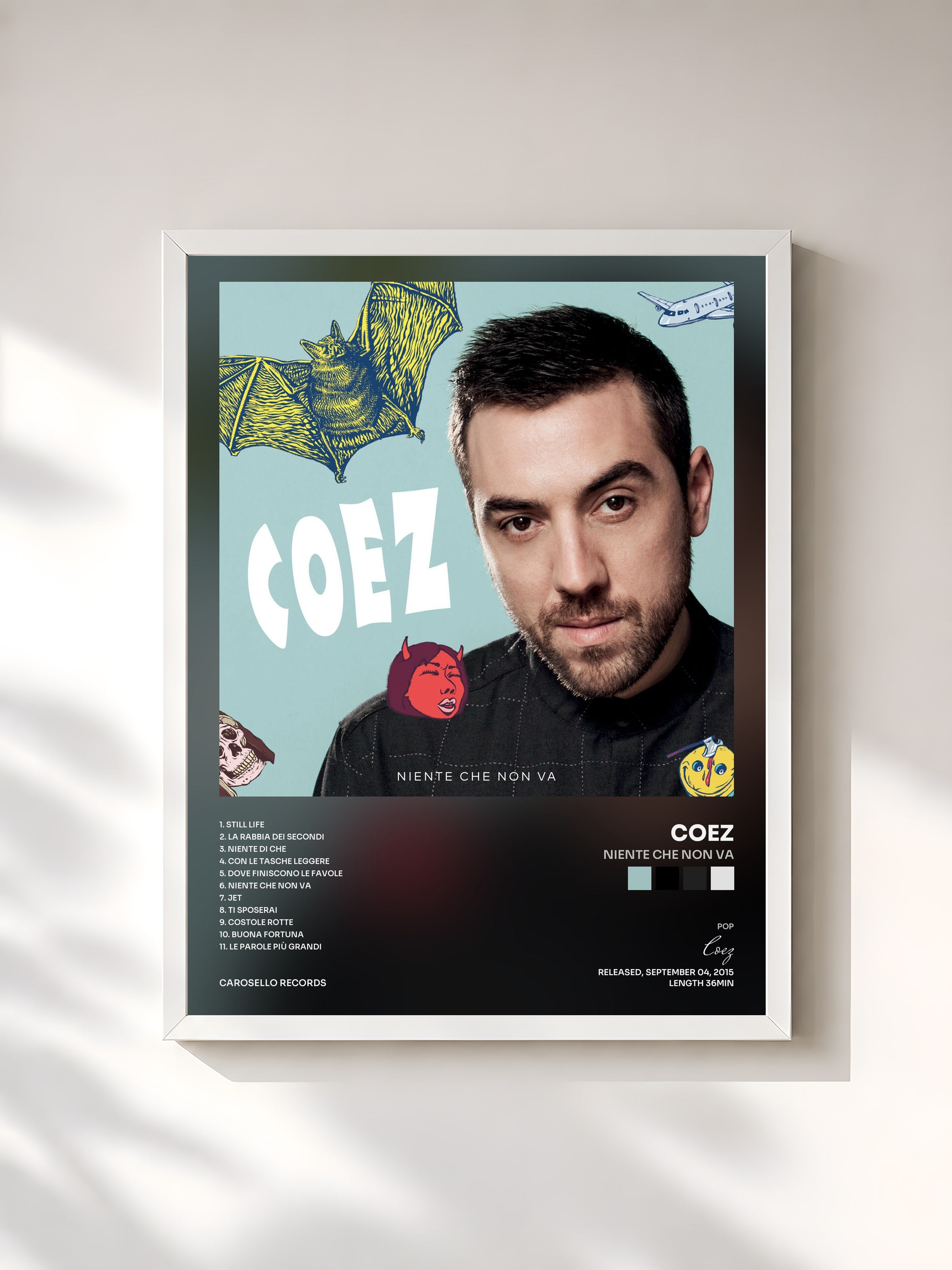 #blanc Tableau de l'album Niente che non va de Coez, cadre blanc, imprimé et encadré en France