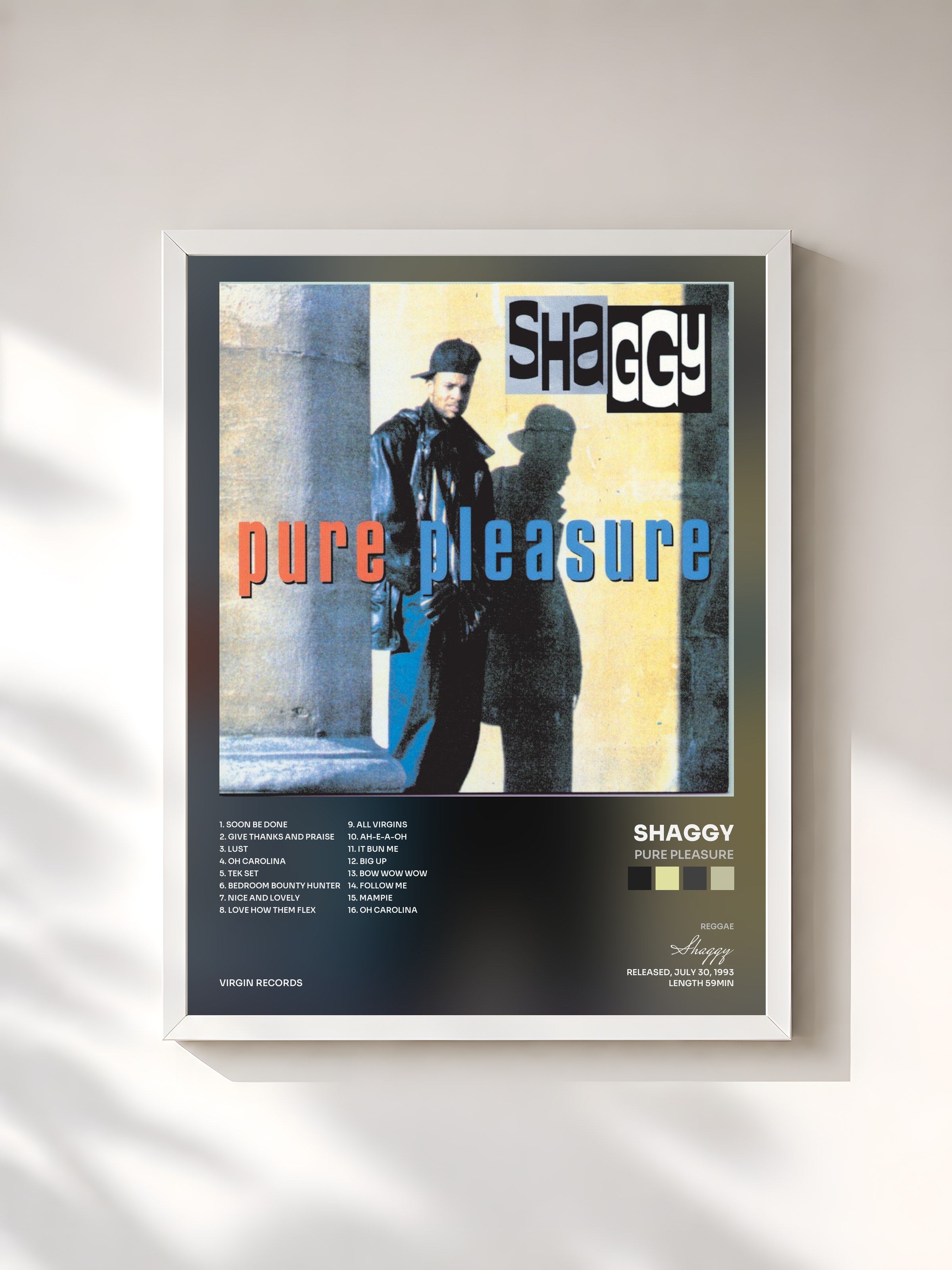 #blanc Tableau de l'album Pure Pleasure de Shaggy, cadre blanc, imprimé et encadré en France