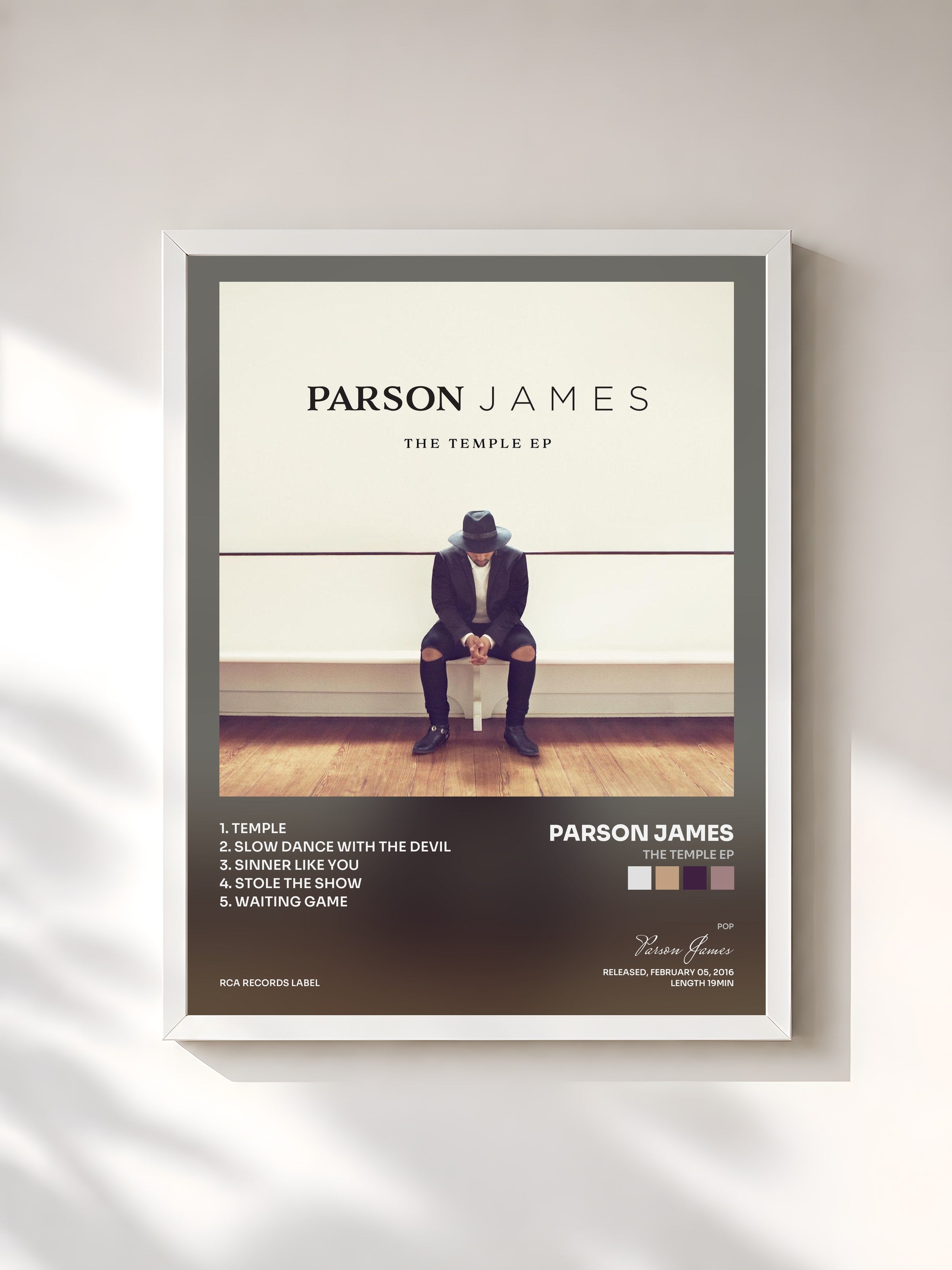 #blanc Tableau de l'album The Temple EP de Parson James, cadre blanc, imprimé et encadré en France
