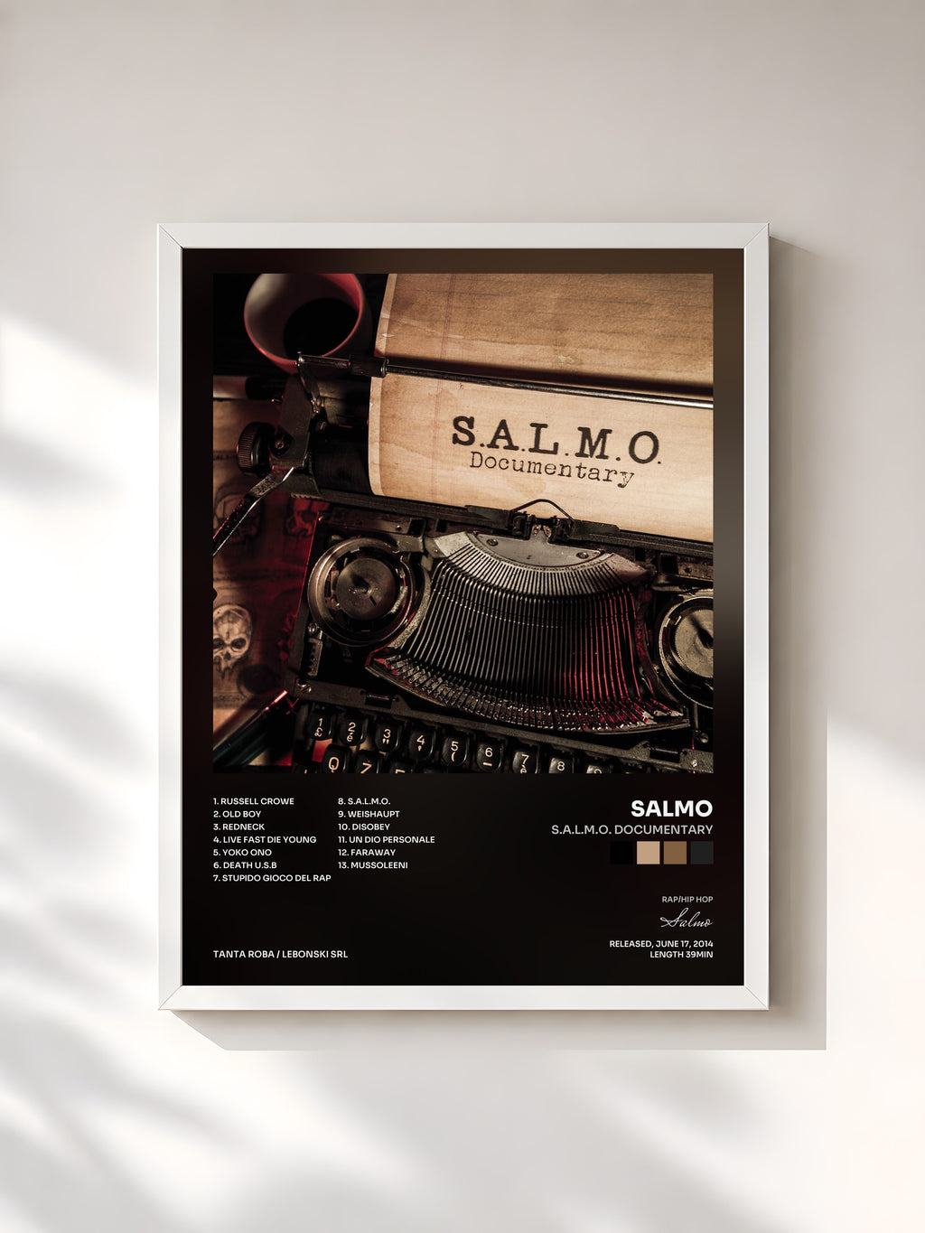 #blanc Tableau de l'album S.A.L.M.O. Documentary de Salmo, cadre blanc, imprimé et encadré en France