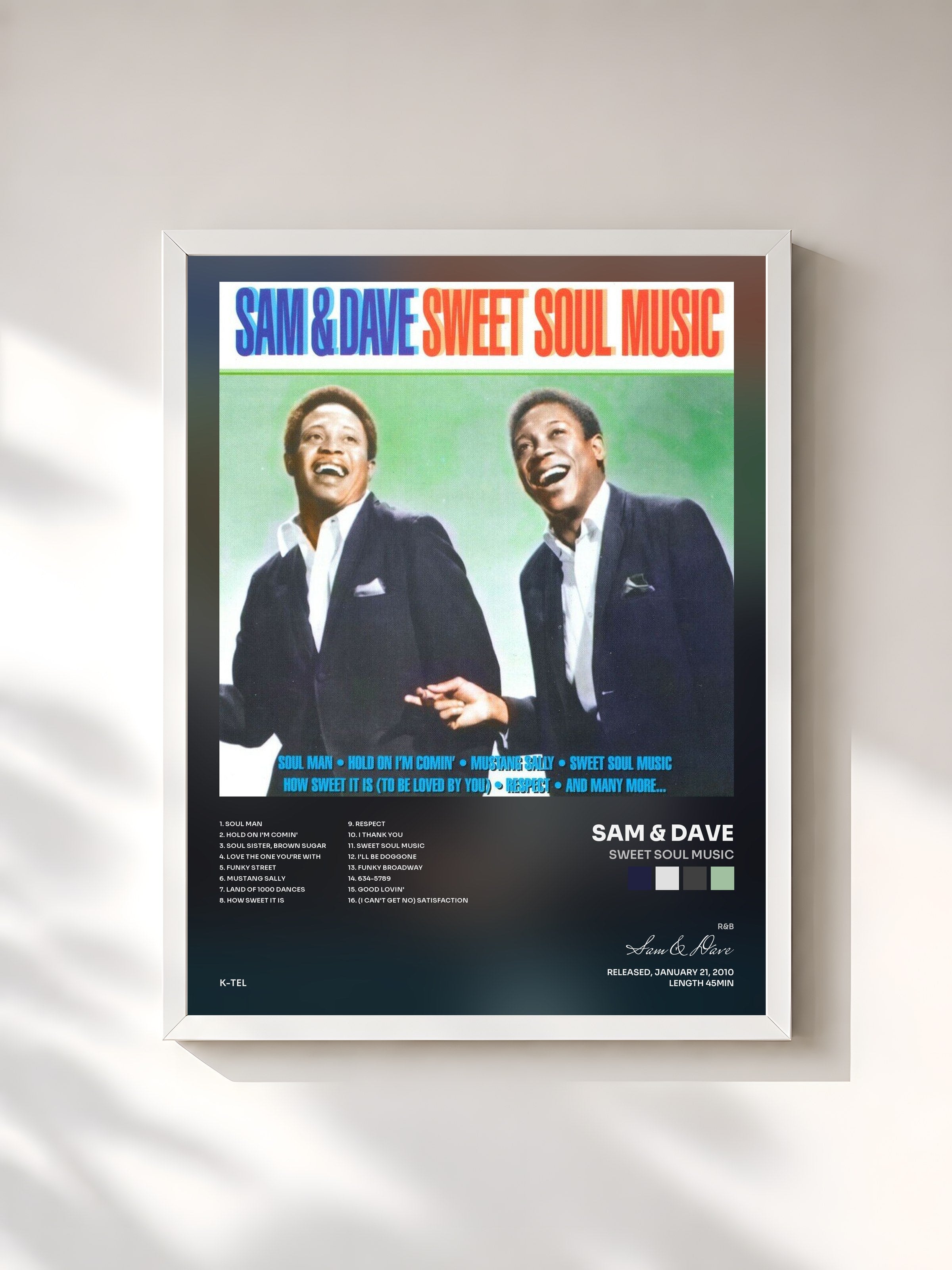#blanc Tableau de l'album Sweet Soul Music de Sam & Dave, cadre blanc, imprimé et encadré en France