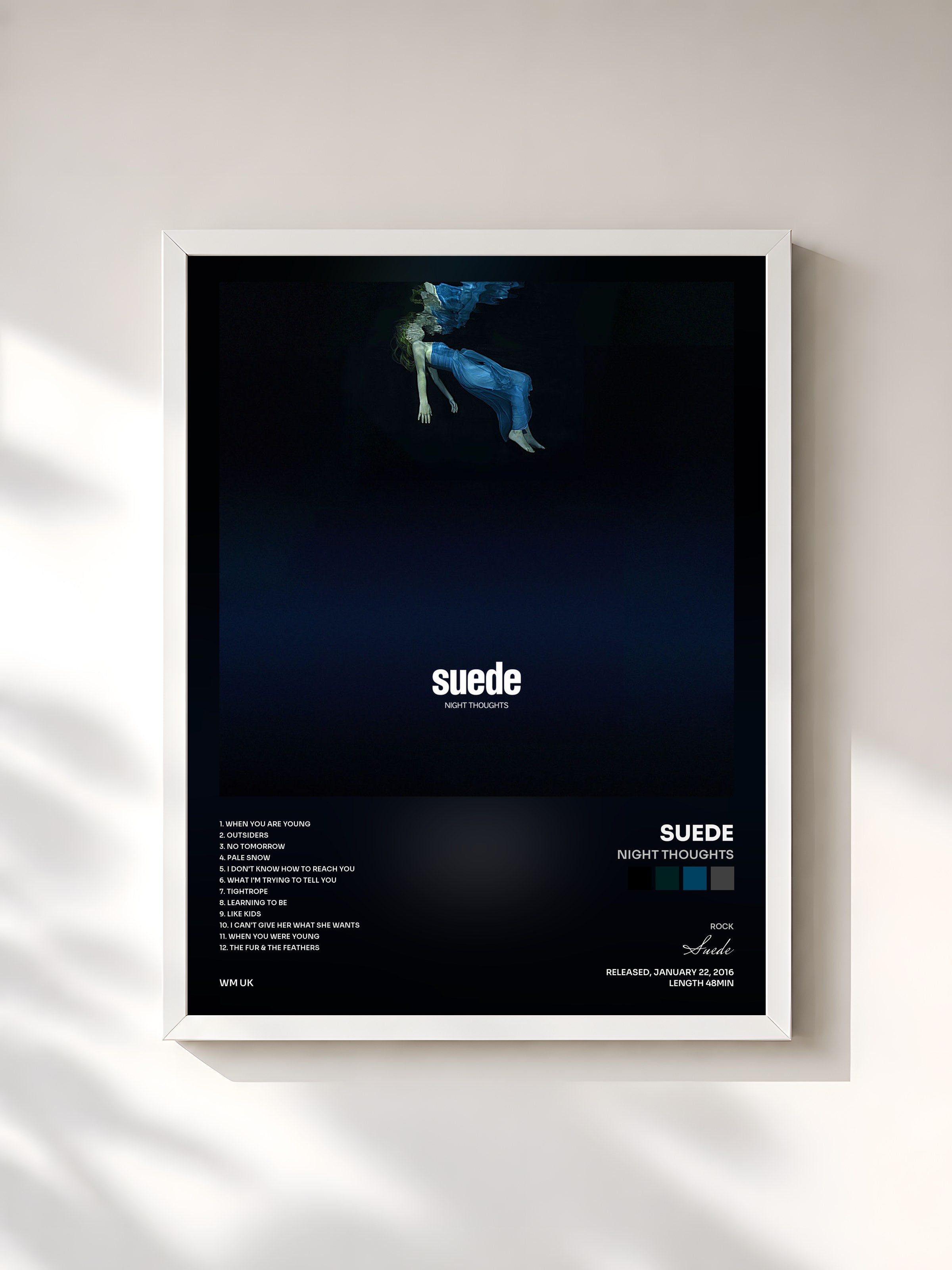 #blanc Tableau de l'album Night Thoughts de Suede, cadre blanc, imprimé et encadré en France