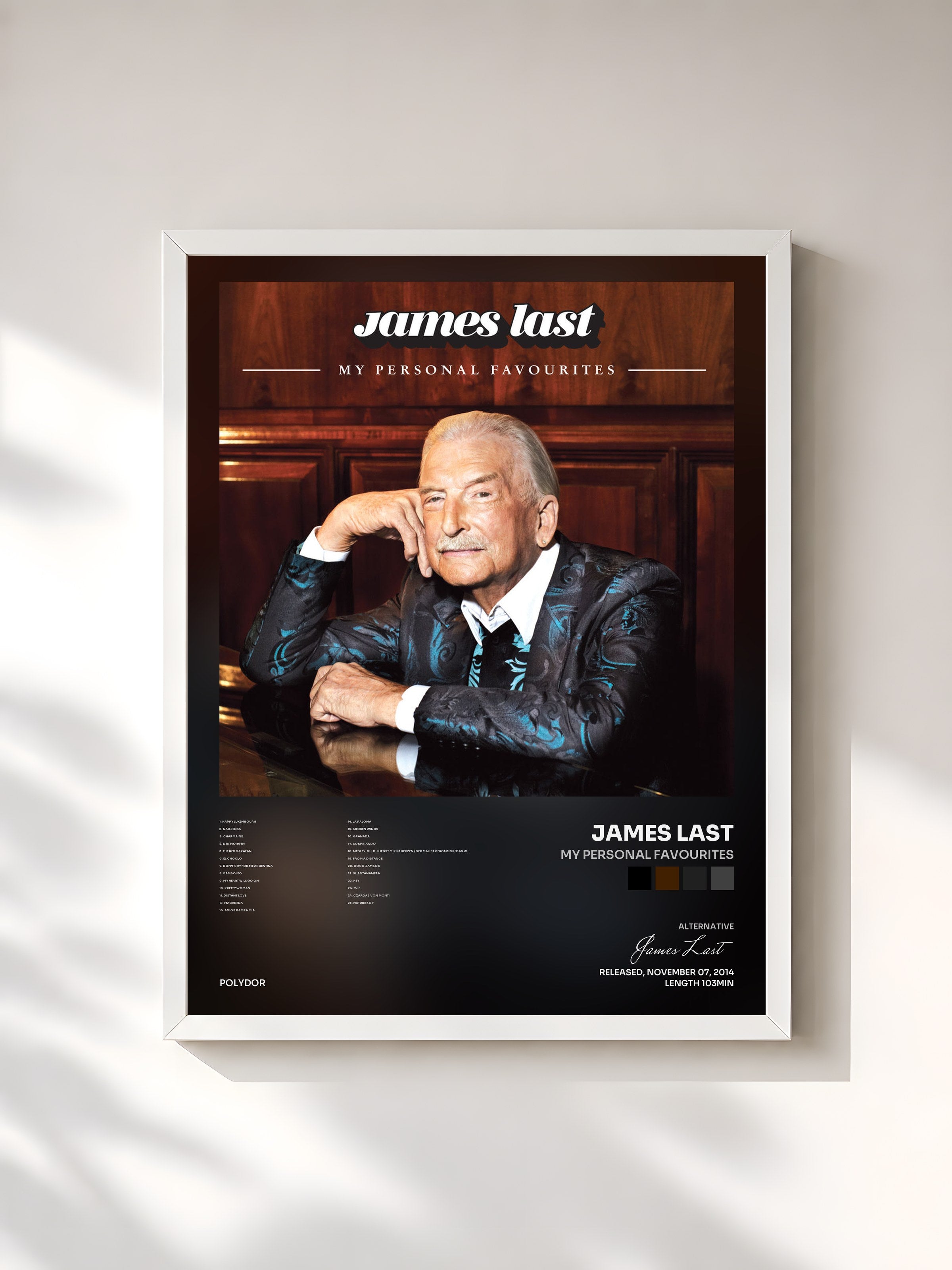 #blanc Tableau de l'album My Personal Favourites de James Last, cadre blanc, imprimé et encadré en France