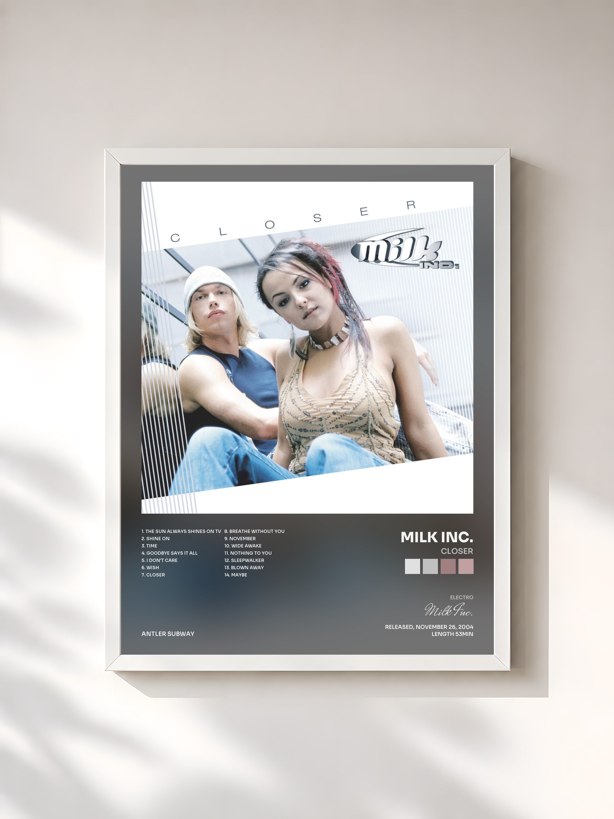 #blanc Tableau de l'album Closer de Milk Inc., cadre blanc, imprimé et encadré en France