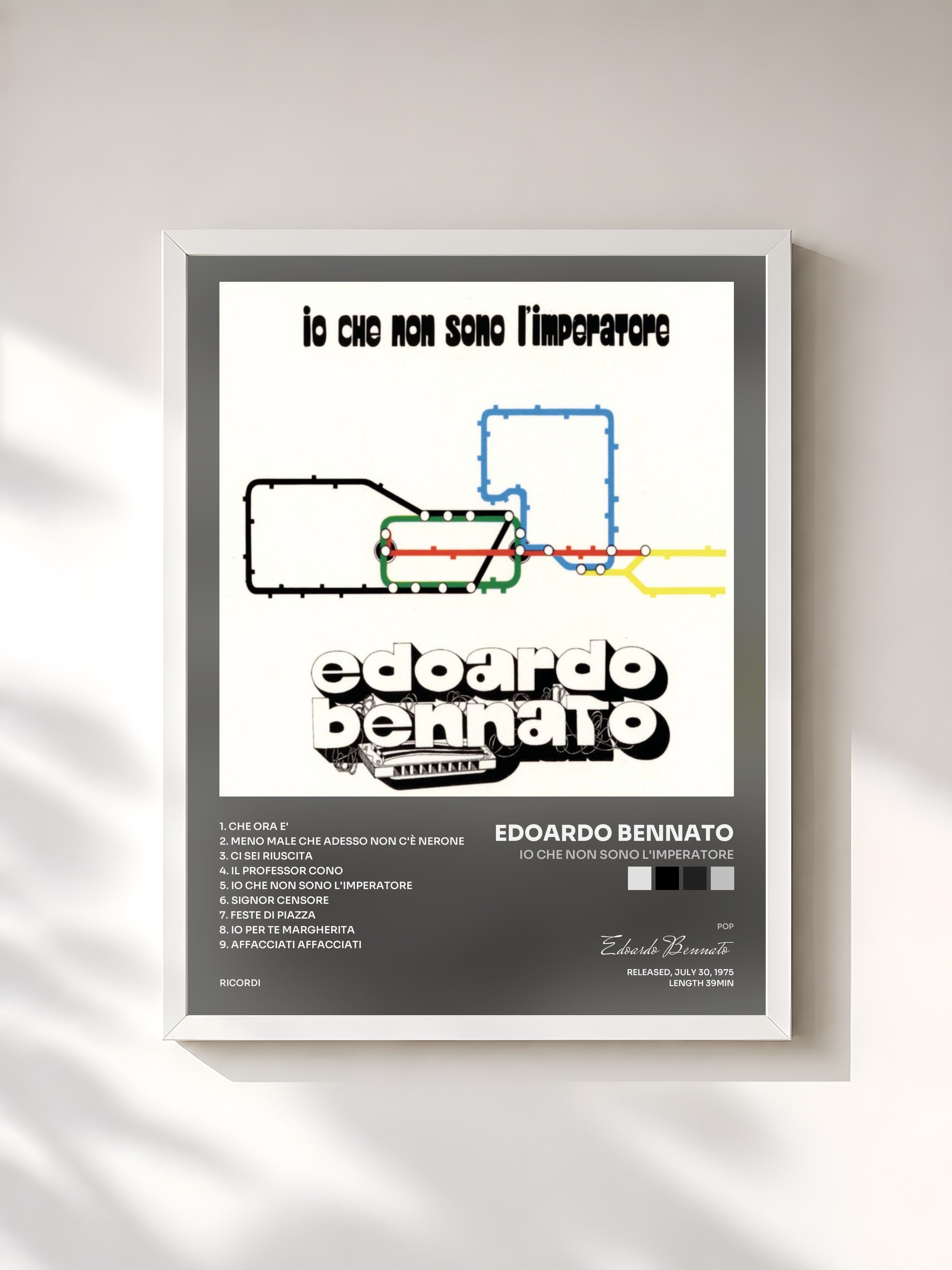 #blanc Tableau de l'album Io Che Non Sono L'Imperatore de Edoardo Bennato, cadre blanc, imprimé et encadré en France