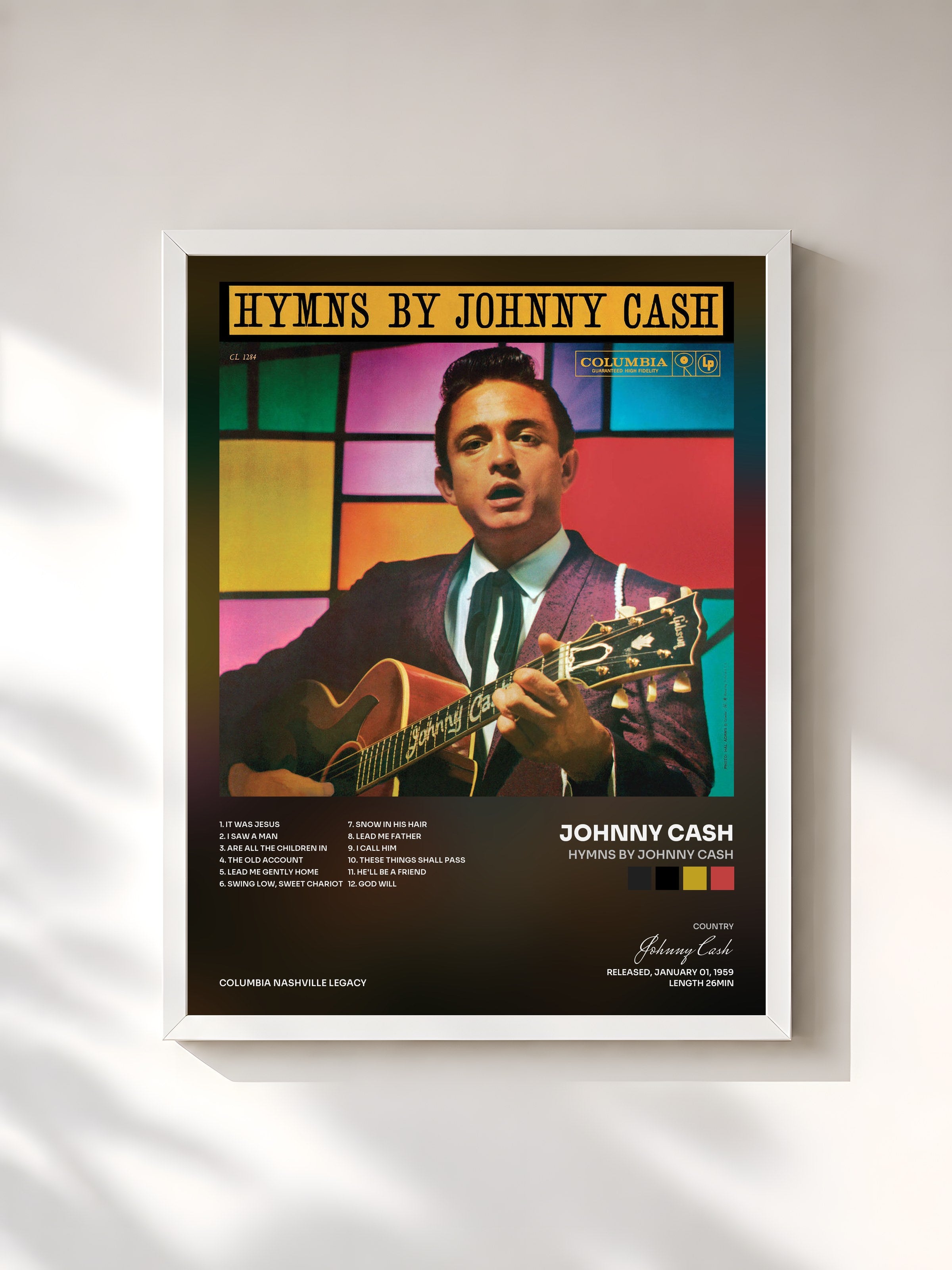 #blanc Tableau de l'album Hymns by Johnny Cash de Johnny Cash, cadre blanc, imprimé et encadré en France