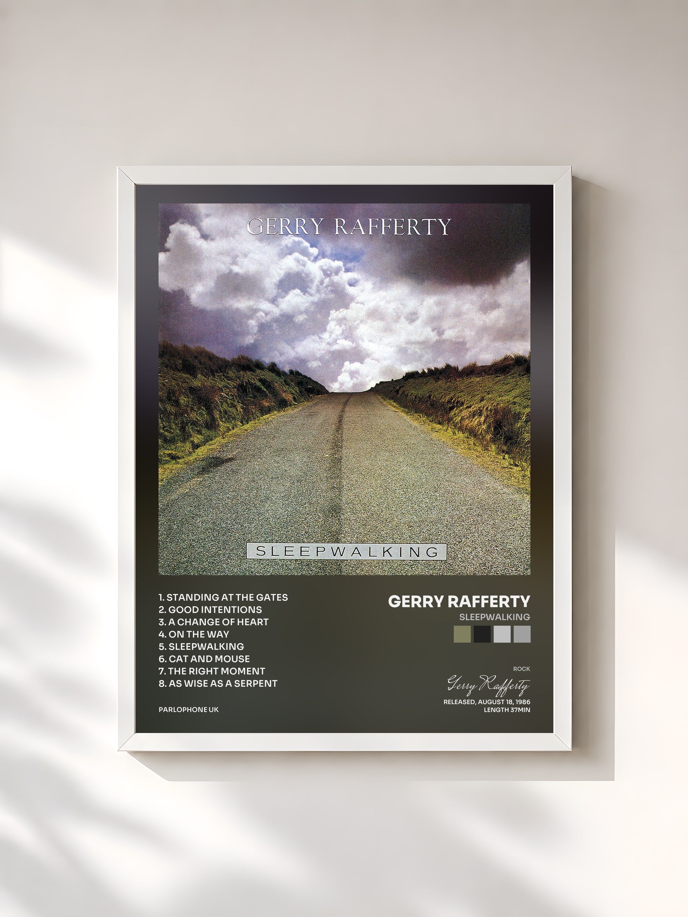 #blanc Tableau de l'album Sleepwalking de Gerry Rafferty, cadre blanc, imprimé et encadré en France