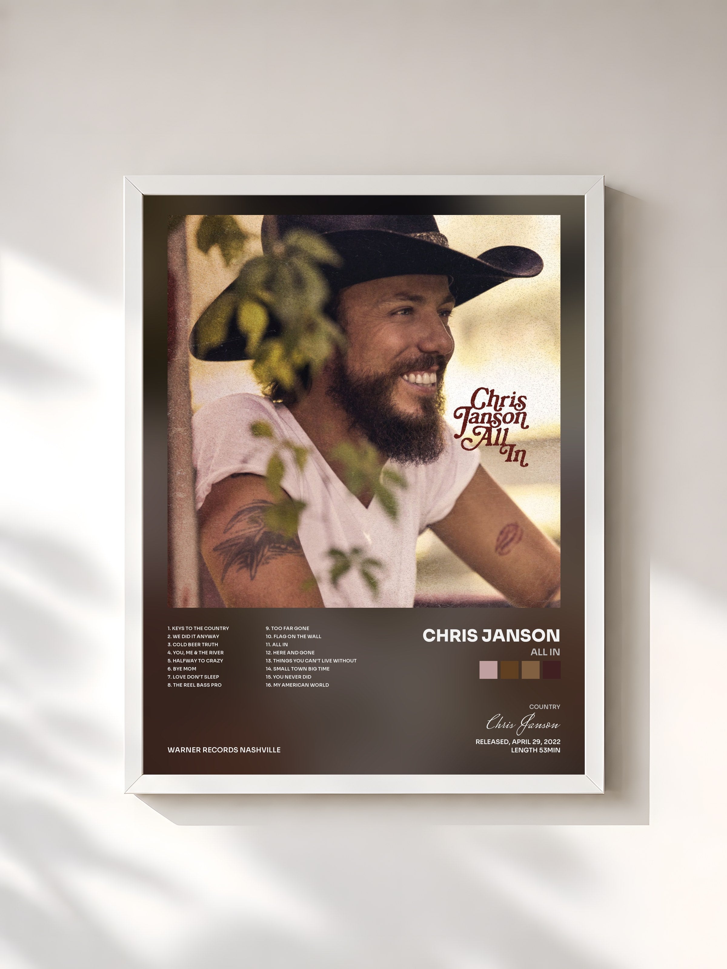 #blanc Tableau de l'album All In de Chris Janson, cadre blanc, imprimé et encadré en France