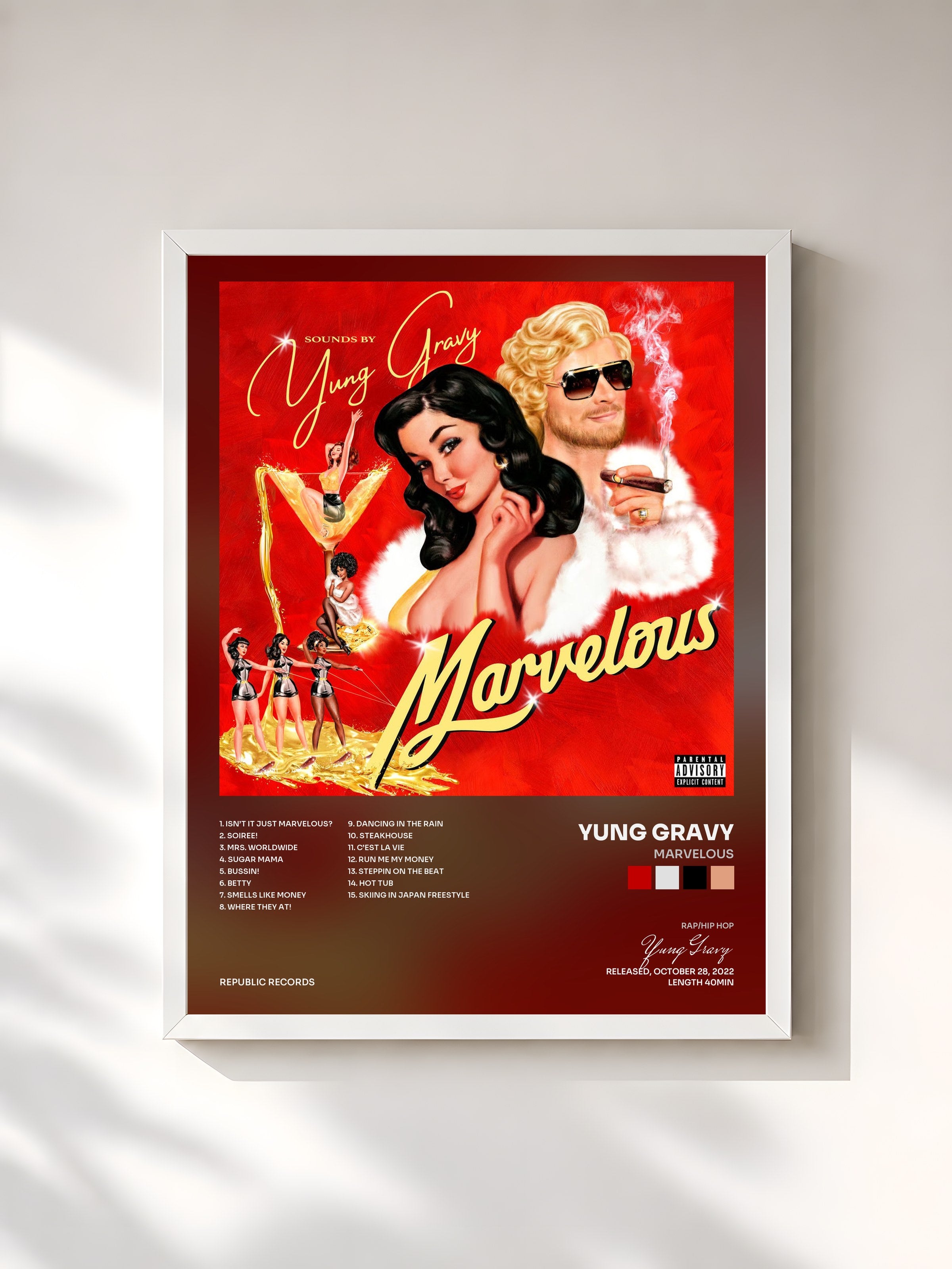 #blanc Tableau de l'album Marvelous de Yung Gravy, cadre blanc, imprimé et encadré en France