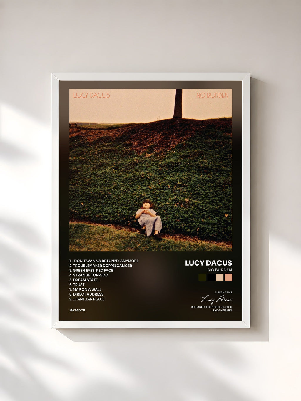 #blanc Tableau de l'album No Burden de Lucy Dacus, cadre blanc, imprimé et encadré en France